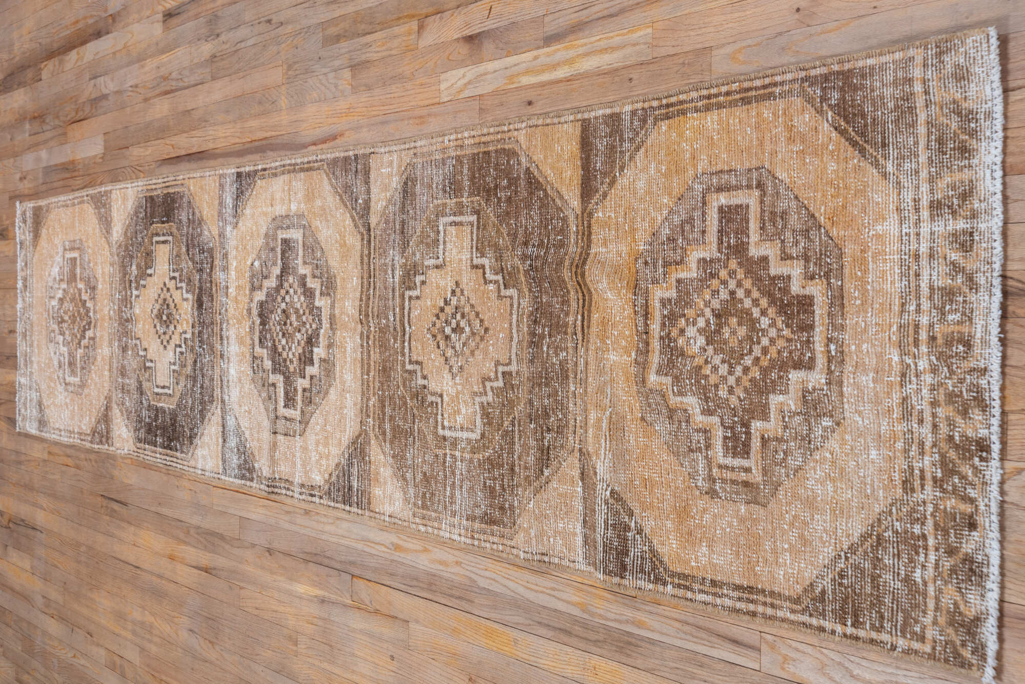 2' x 12' one-of-a-kind handmade vintage Oushak runner rug. Color palette: brown, off-white, orange, pink, snow, white