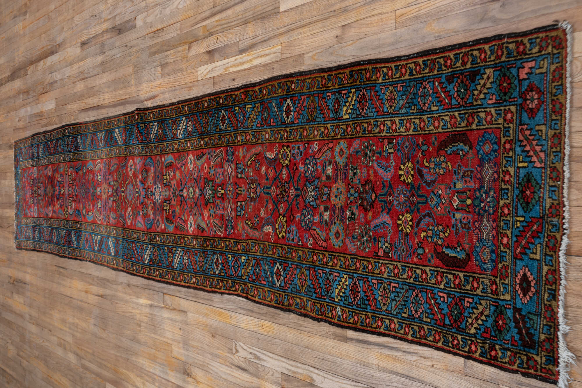 2' x 13' one-of-a-kind handmade vintage Heriz runner rug. Color palette: black, blue, brown, fiord, gray, indian red, pink