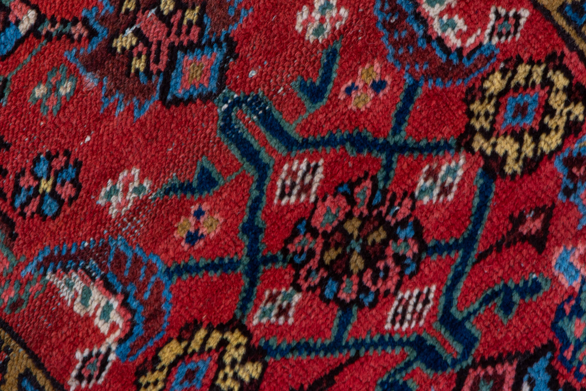 2' x 13' one-of-a-kind handmade vintage Heriz runner rug. Color palette: black, blue, brown, fiord, gray, indian red, pink