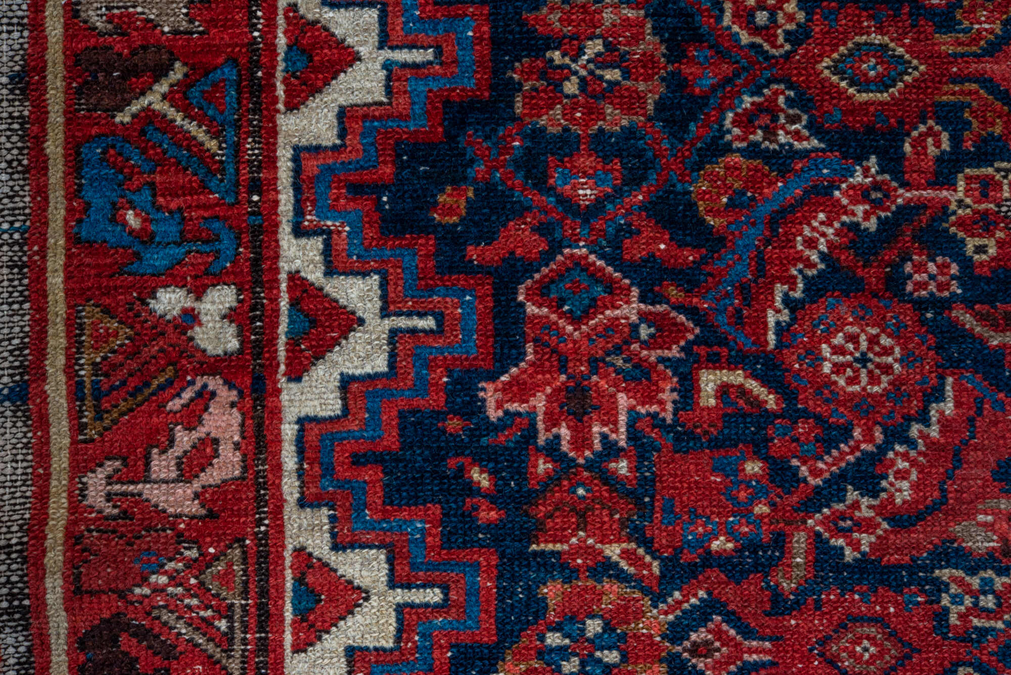 3' x 16' one-of-a-kind handmade vintage Malayer runner rug. Color palette: black, blue, brown, gray, pink, red, redwood