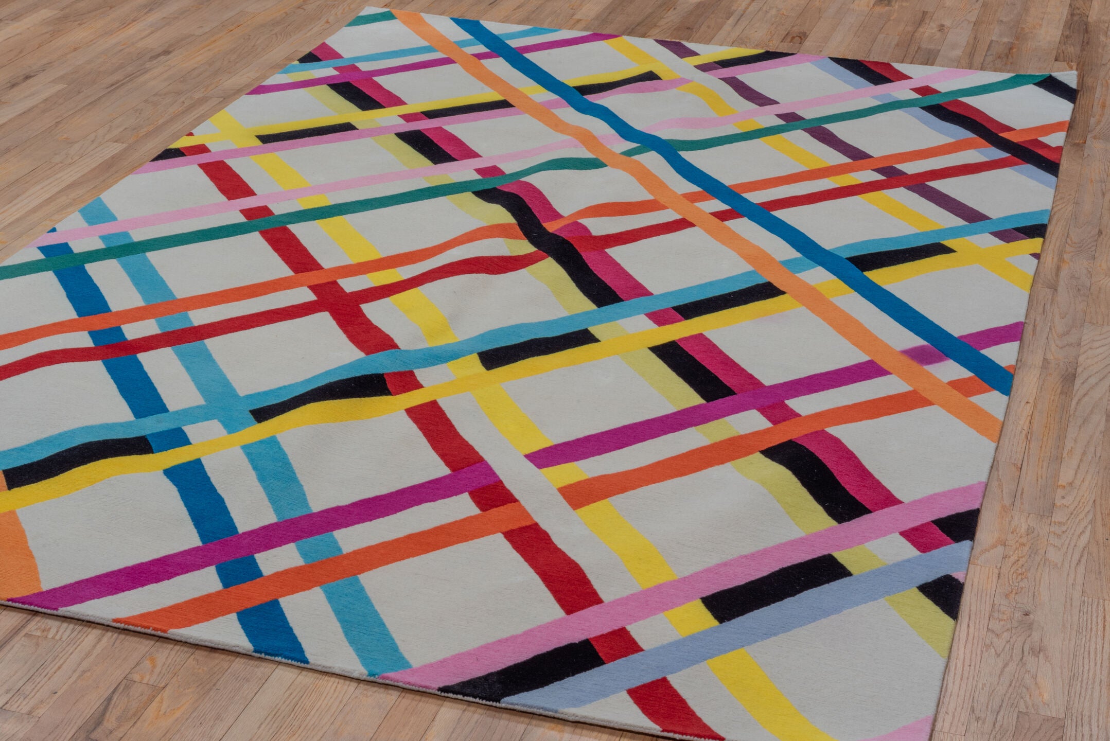 6' x 9' one-of-a-kind handmade vintage  medium size rug. Color palette: blue, black, pink, yellow, gray, off-white, red