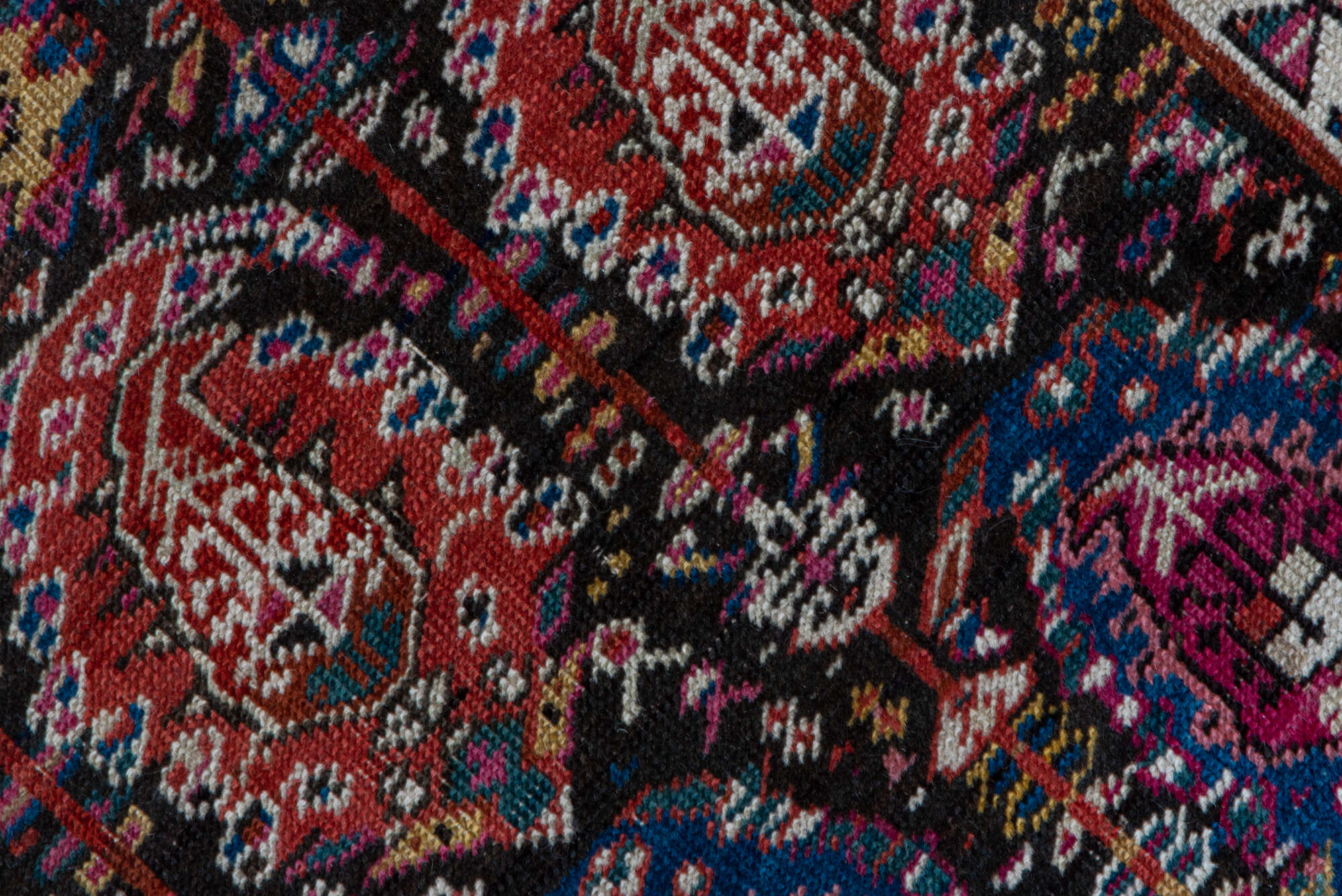 3' x 10' one-of-a-kind handmade vintage Shirvan runner rug. Color palette: black, blue, brown, fiord, gray, light gray