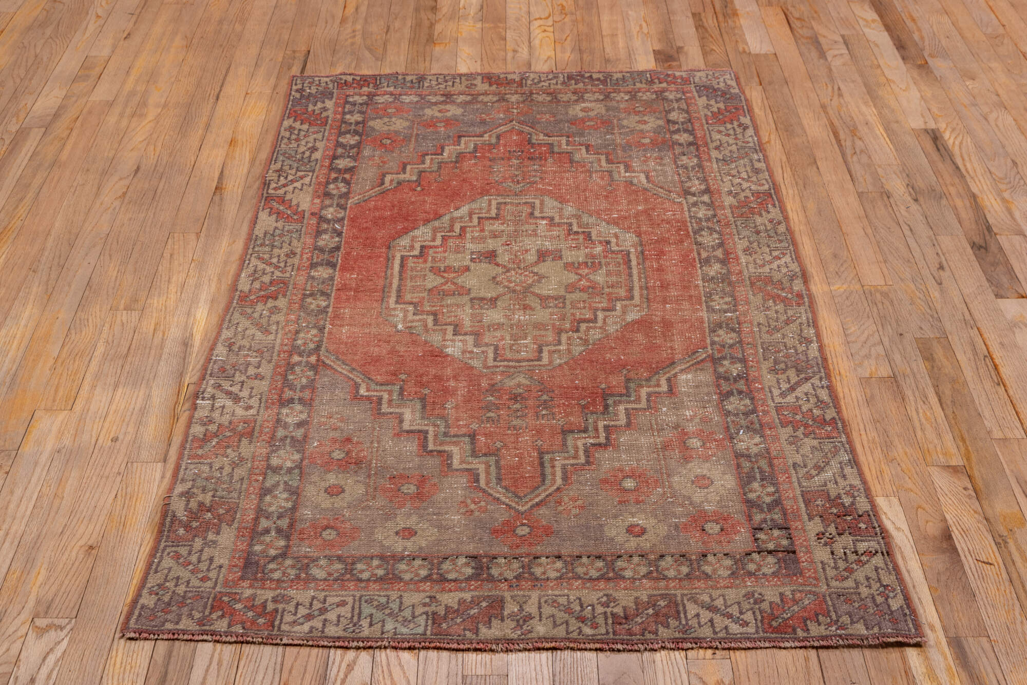 3' x 6' one-of-a-kind handmade vintage Oushak small size rug. Color palette: brown, gray, off-white, pink, snow, white