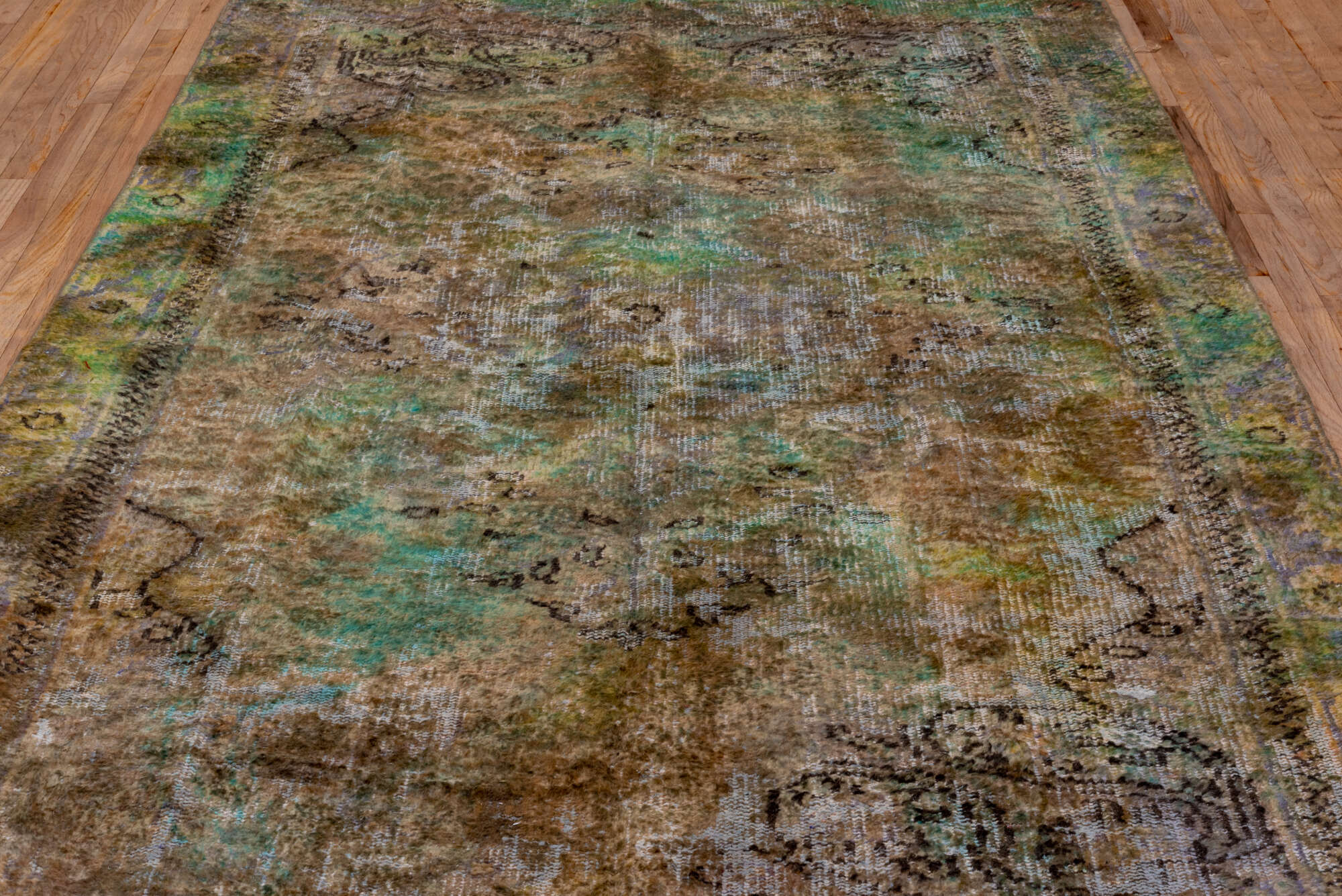5' x 9' one-of-a-kind handmade vintage Overdyed medium size rug. Color palette: brown, gray, light gray, off-white, silver