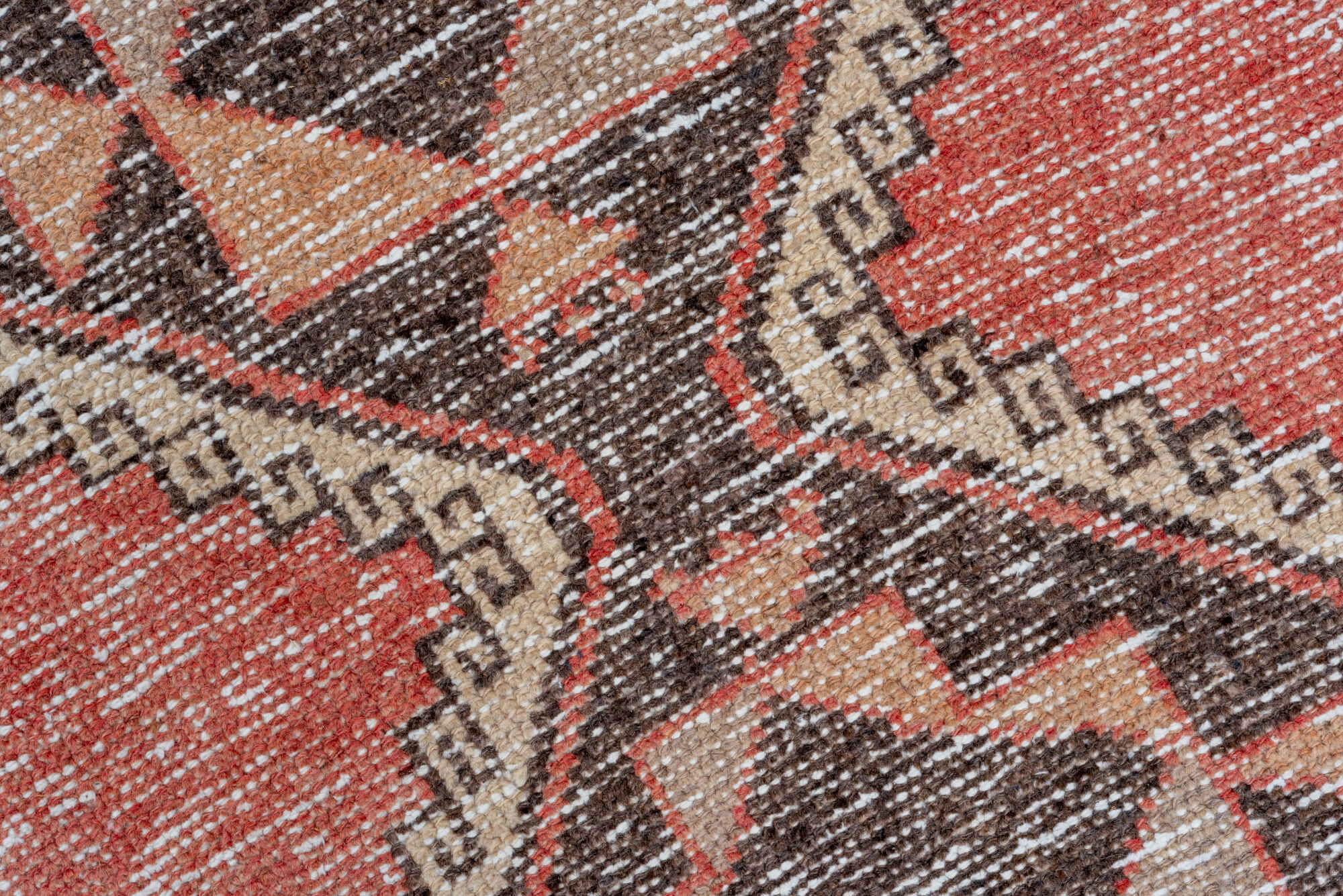 2' x 12' one-of-a-kind handmade vintage Oushak runner rug. Color palette: brown, gray, light gray, pink