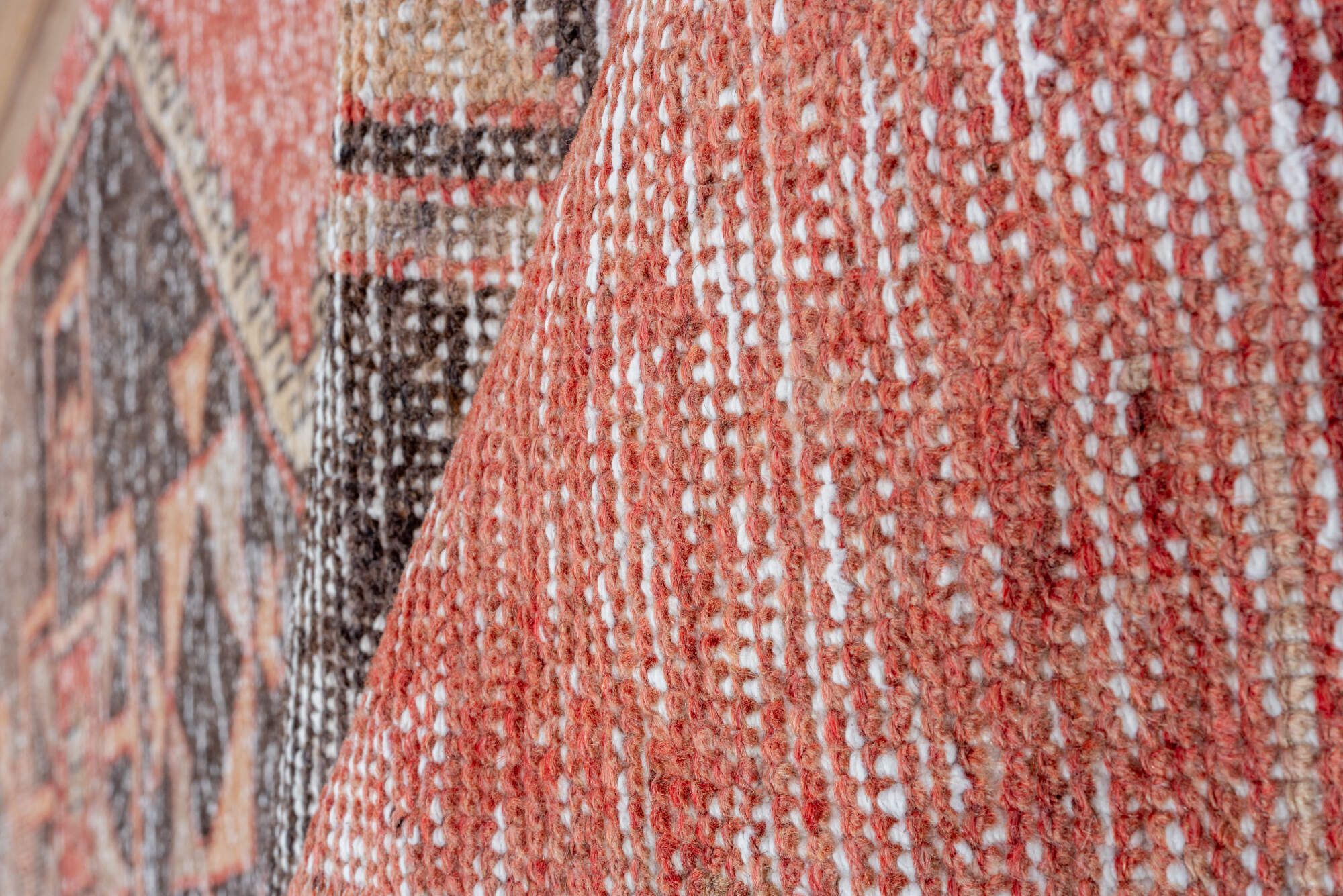 2' x 12' one-of-a-kind handmade vintage Oushak runner rug. Color palette: brown, gray, light gray, pink