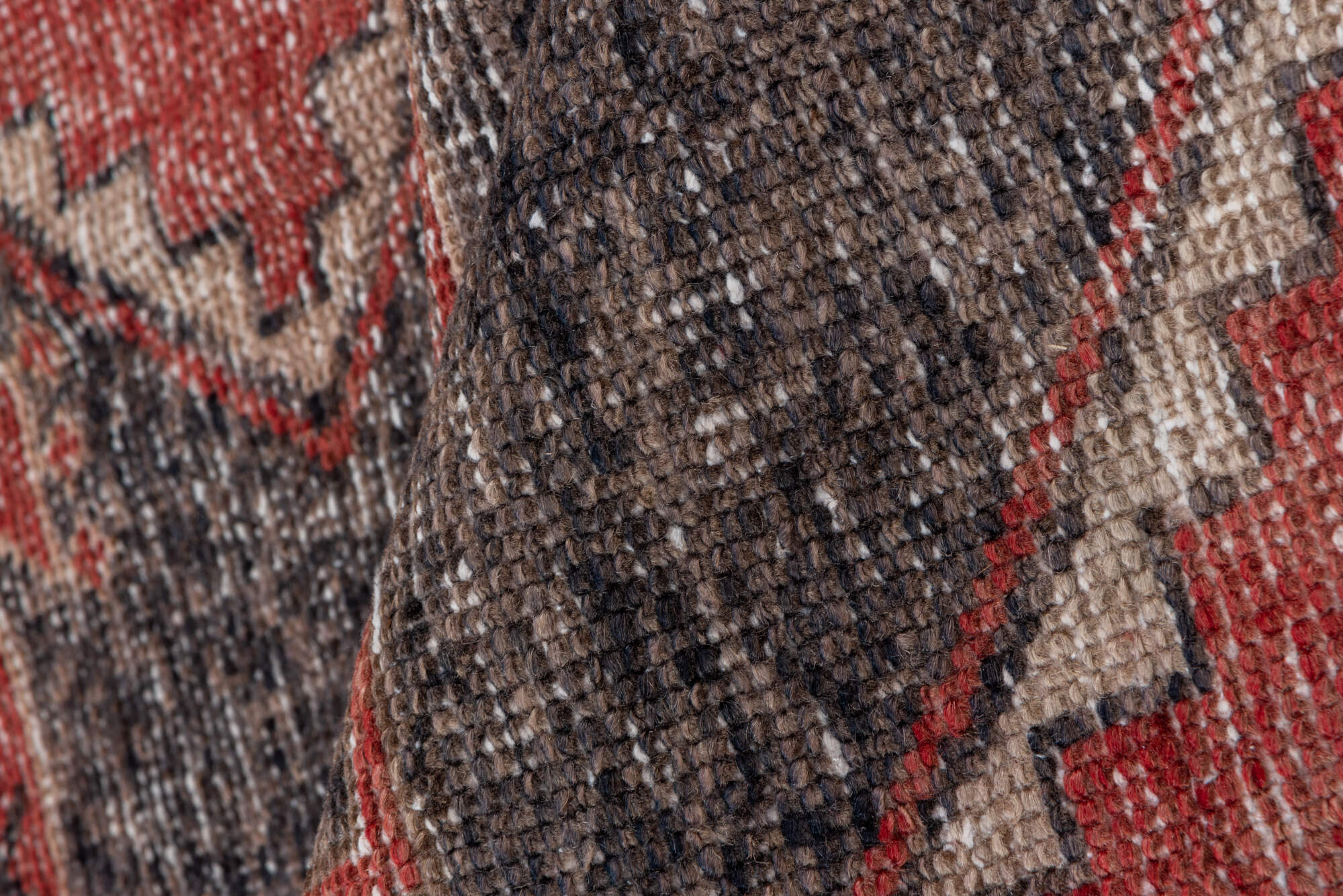 3' x 12' one-of-a-kind handmade vintage Oushak runner rug. Color palette: brown, gray, pink, red