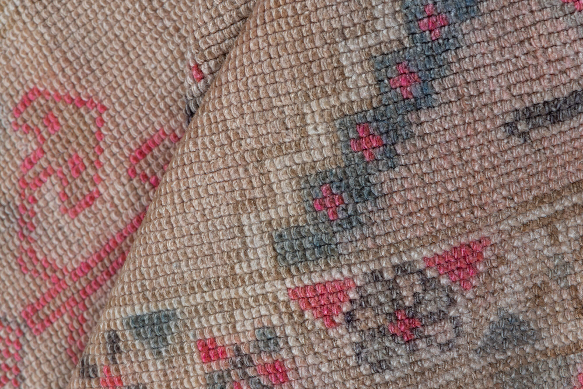 2' x 12' one-of-a-kind handmade vintage Oushak runner rug. Color palette: brown, gray, light gray, off-white, pink, red