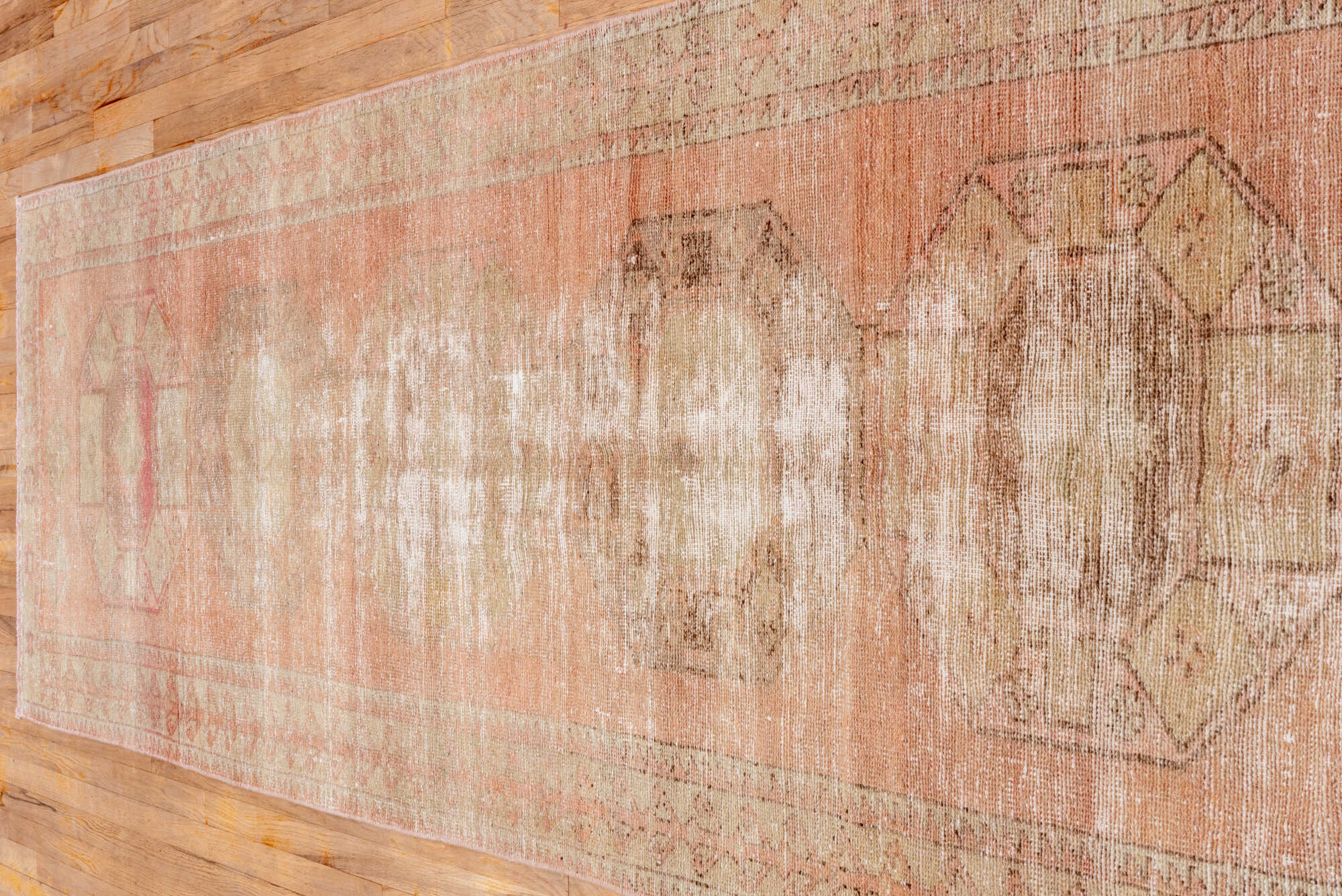 3' x 11' one-of-a-kind handmade vintage Oushak runner rug. Color palette: brown, gray, off-white, orange, pink, snow, white