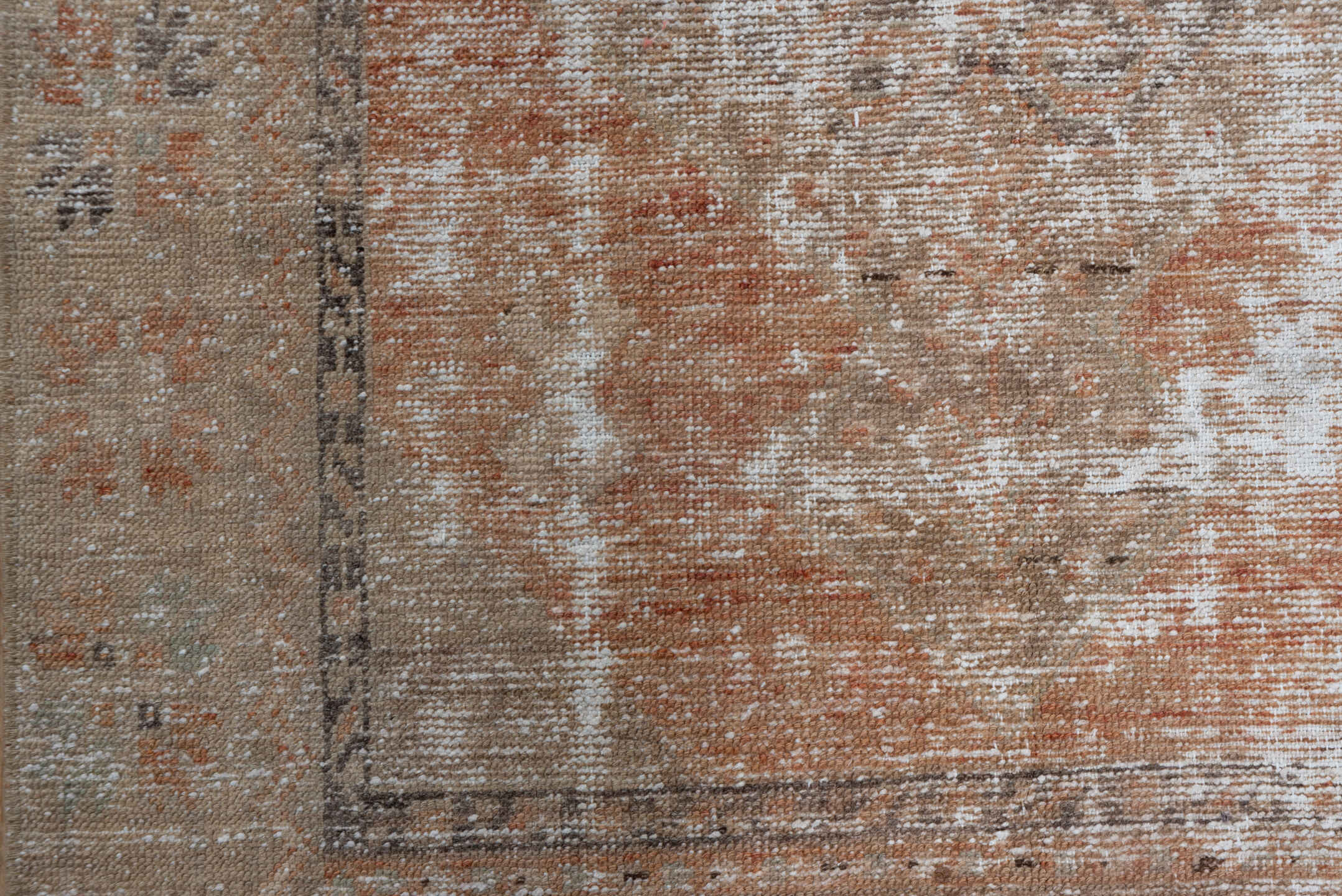 3' x 15' one-of-a-kind handmade vintage Oushak runner rug. Color palette: brown, pink, light gray, off-white, gray, orange