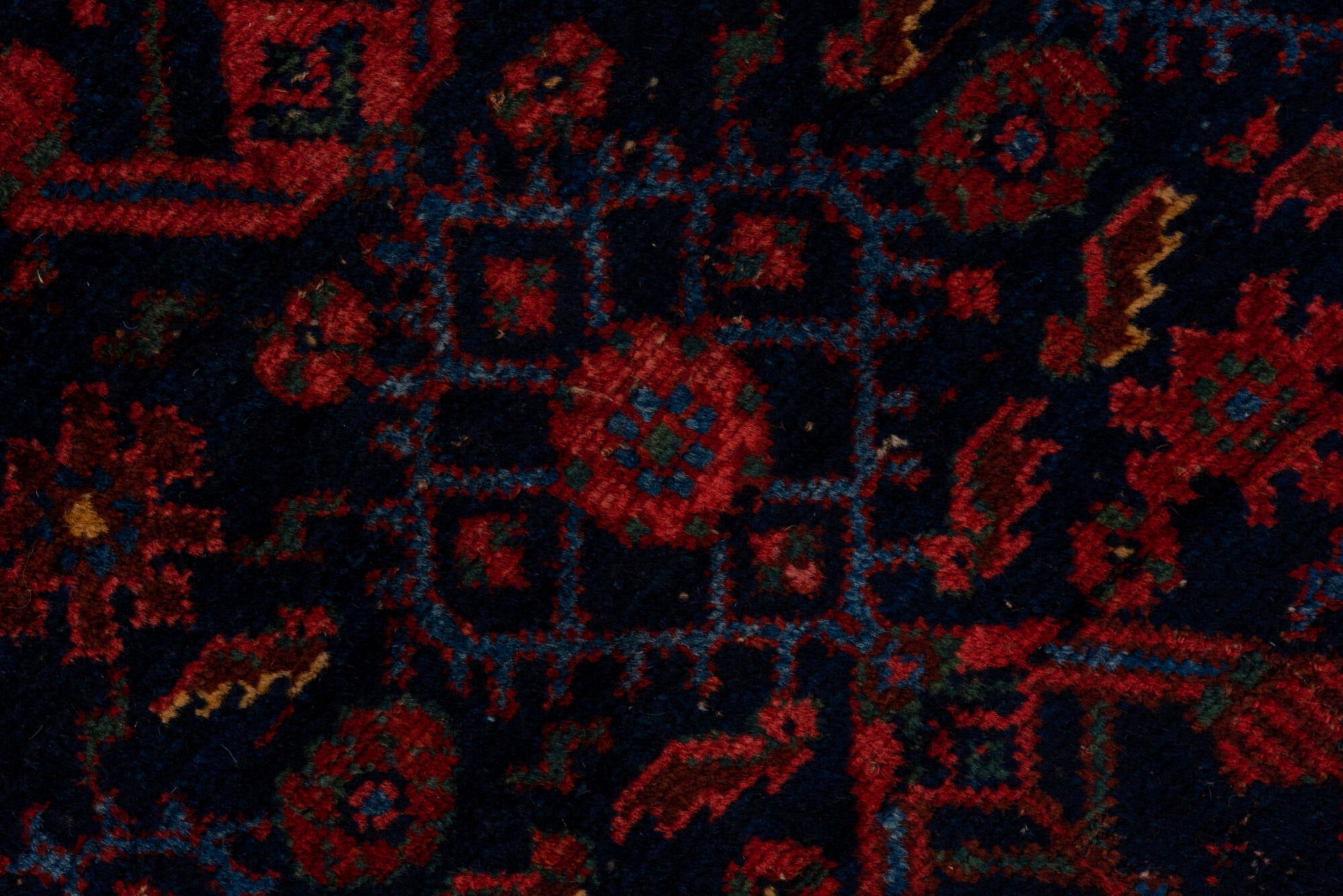 4' x 7' one-of-a-kind handmade vintage Bidjar rug. Color palette: black, brown, pink, red