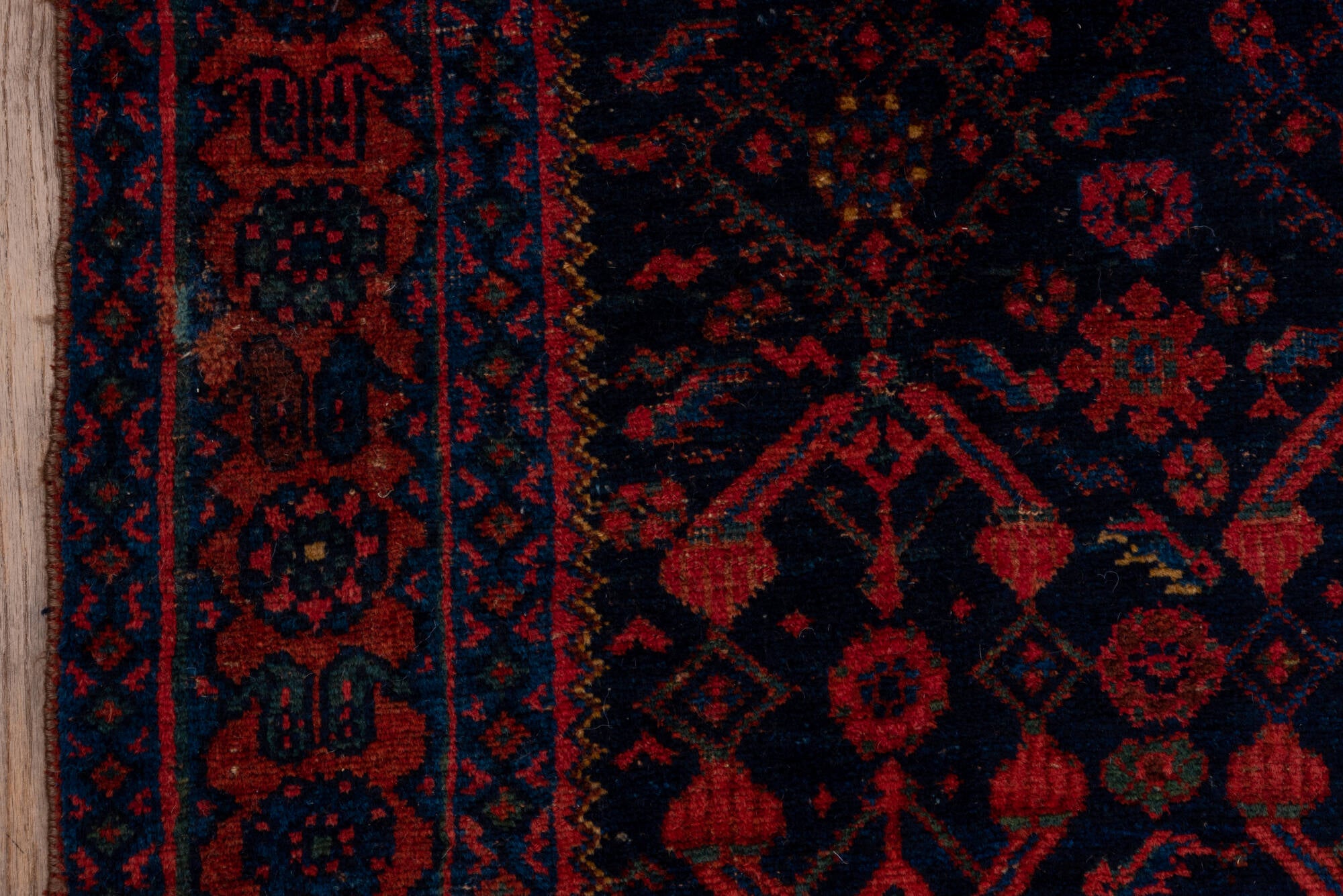 4' x 7' one-of-a-kind handmade vintage Bidjar rug. Color palette: black, brown, pink, red