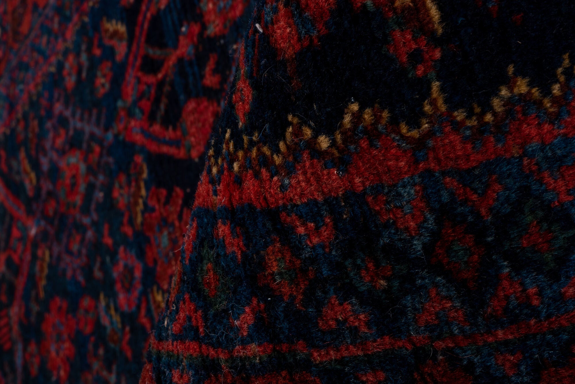 4' x 7' one-of-a-kind handmade vintage Bidjar rug. Color palette: black, brown, pink, red