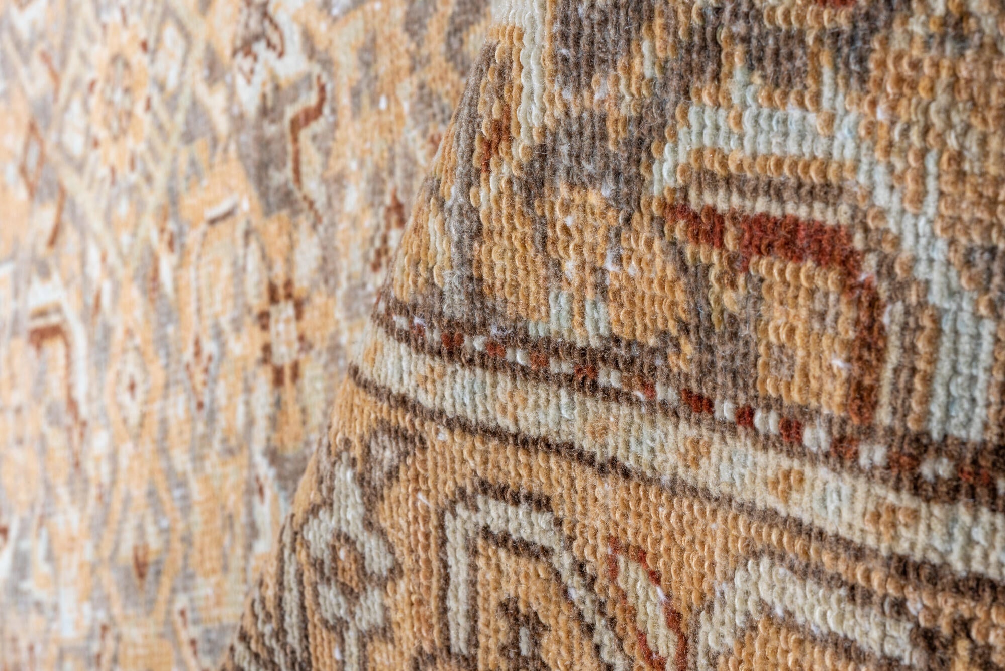 3' x 16' one-of-a-kind handmade vintage Malayer runner rug. Color palette: brown, gray, light gray, off-white, orange, pink