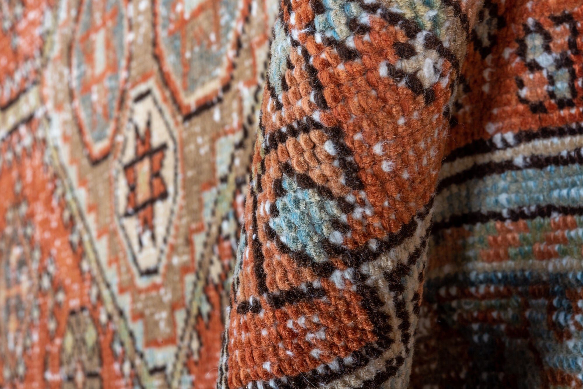 2' x 10' one-of-a-kind handmade vintage Heriz runner rug. Color palette: brown, dark gray, gray, light gray, off-white, pink