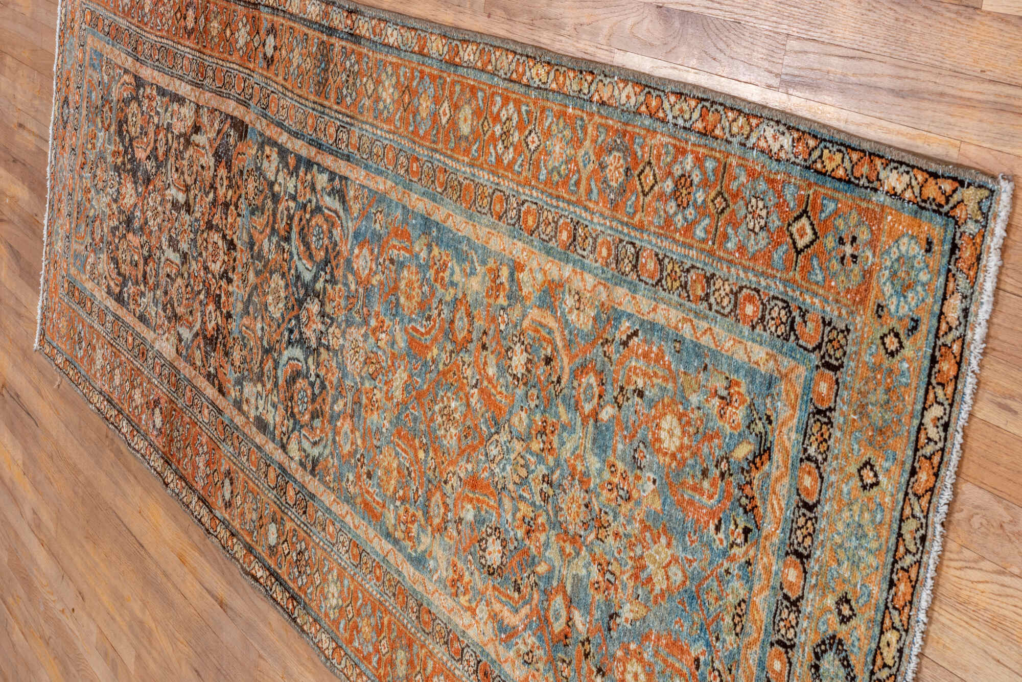 3' x 9' one-of-a-kind handmade vintage Malayer runner rug. Color palette: gray, brown, pink, light gray, off-white, blue