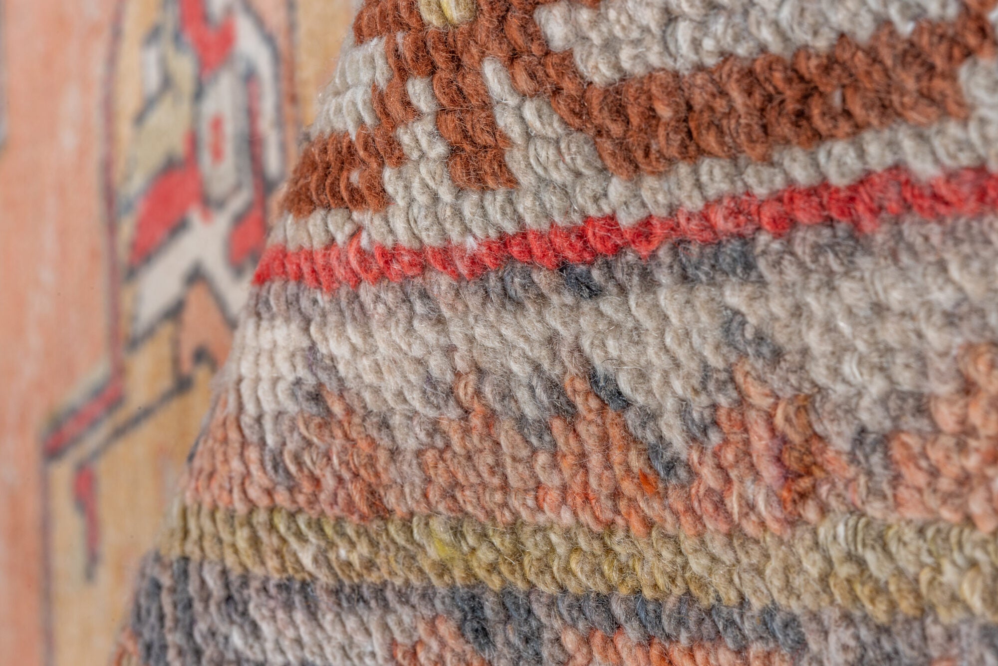 3' x 6' one-of-a-kind handmade vintage Oushak small size rug. Color palette: brown, gray, light gray, off-white, pink, red