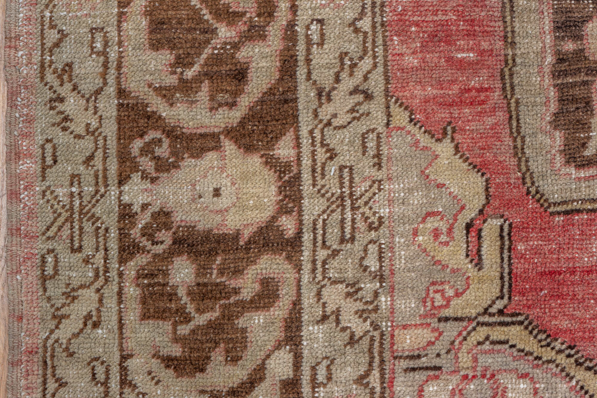 7' x 12' one-of-a-kind handmade vintage Oushak large size rug. Color palette: brown, gray, light gray, off-white, pink