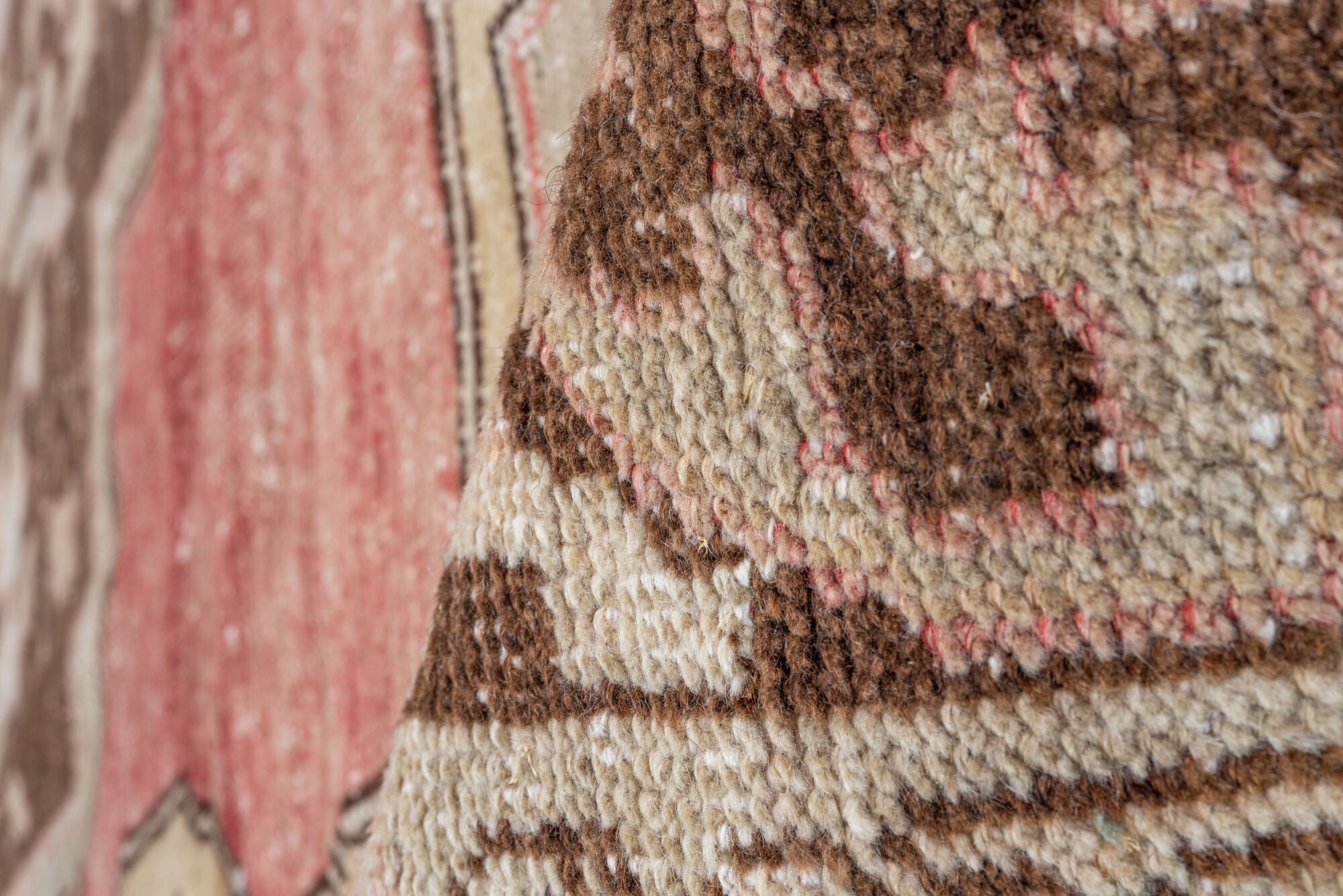 7' x 12' one-of-a-kind handmade vintage Oushak large size rug. Color palette: brown, gray, light gray, off-white, pink