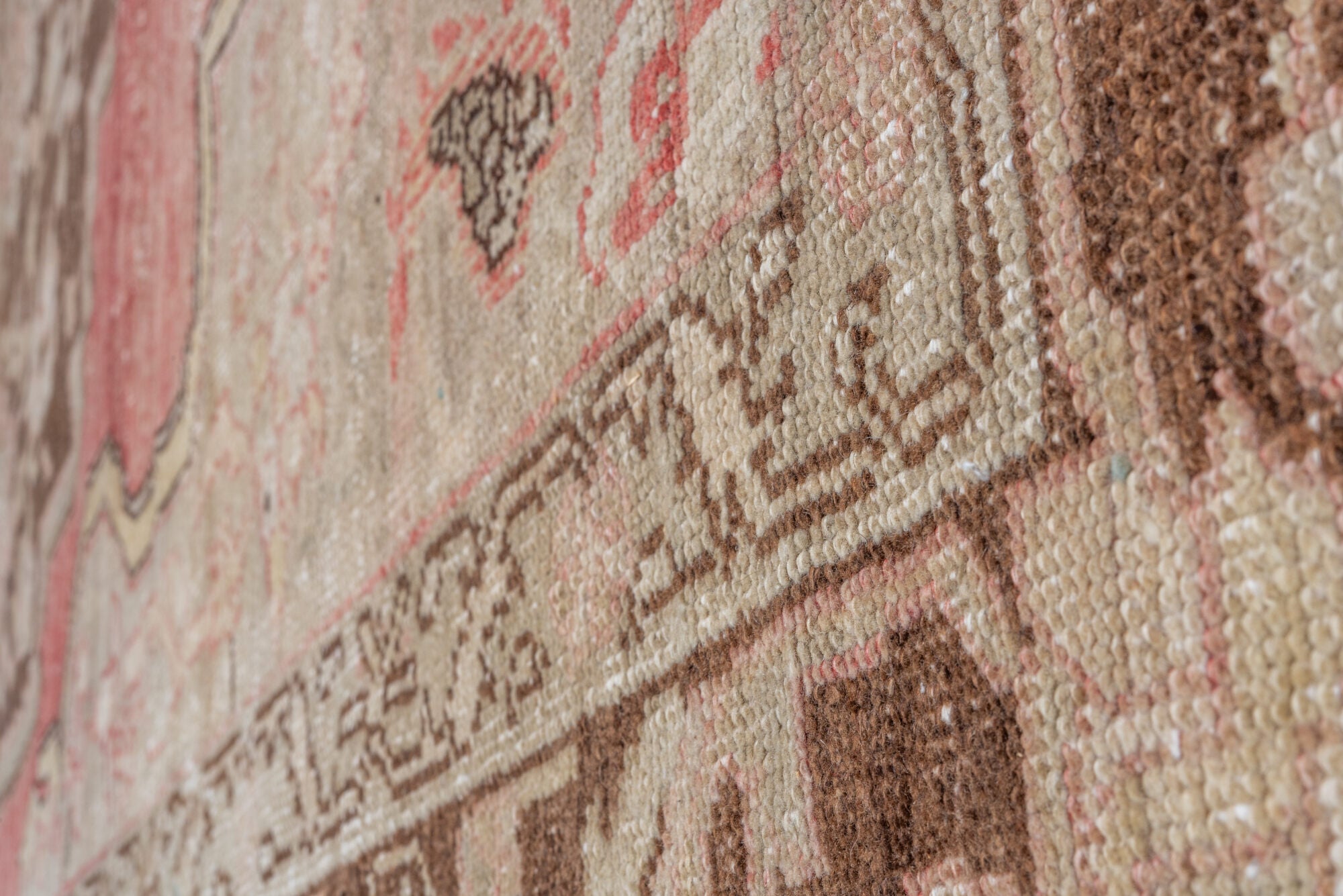 7' x 12' one-of-a-kind handmade vintage Oushak large size rug. Color palette: brown, gray, light gray, off-white, pink