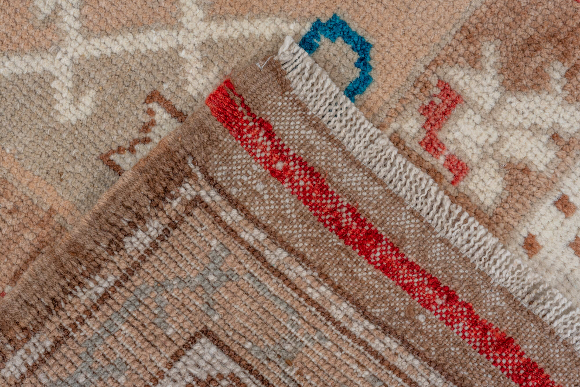 2' x 3' one-of-a-kind handmade vintage Oushak small size rug. Color palette: blue, brown, gray, light gray, off-white, pink