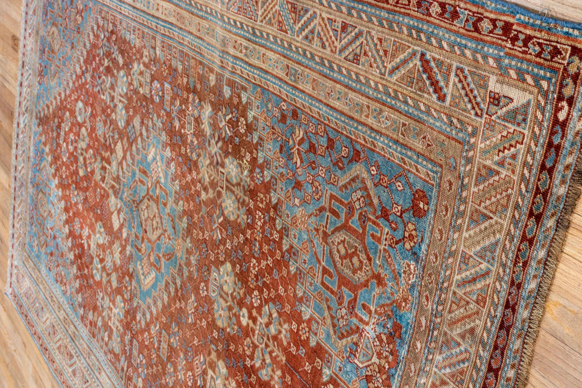 5' x 9' one-of-a-kind handmade vintage Qashqai medium size rug. Color palette: arapawa, blue, brown, dark gray, gray