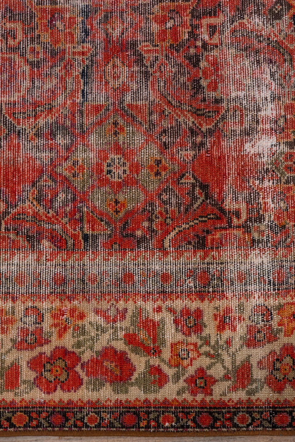 5' x 9' one-of-a-kind handmade vintage Malayer medium size rug. Color palette: brown, red, pink, gray, redwood
