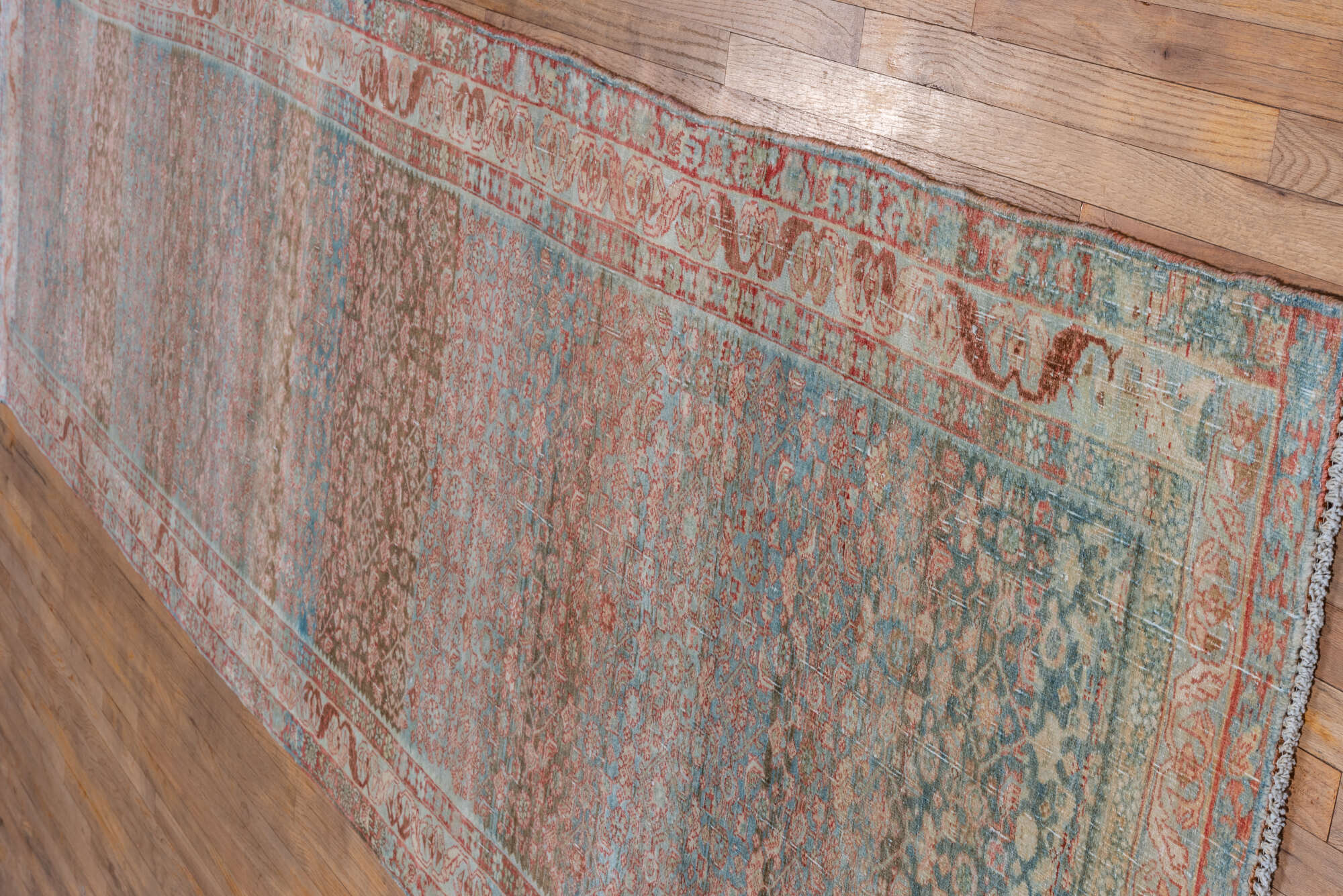 4' x 14' one-of-a-kind handmade vintage Bidjar runner rug. Color palette: pink, gray, light gray, brown, off-white, silver