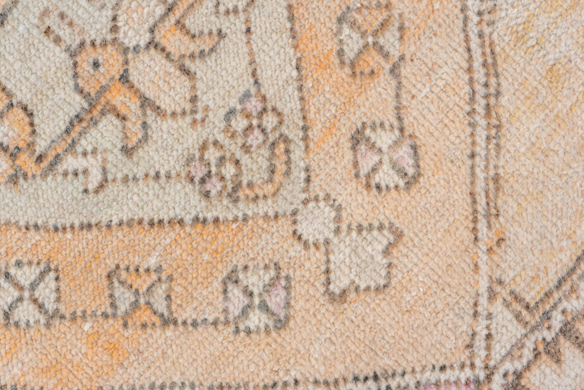 2' x 4' one-of-a-kind handmade vintage Oushak small size rug. Color palette: pink, light gray, off-white, gray, brown