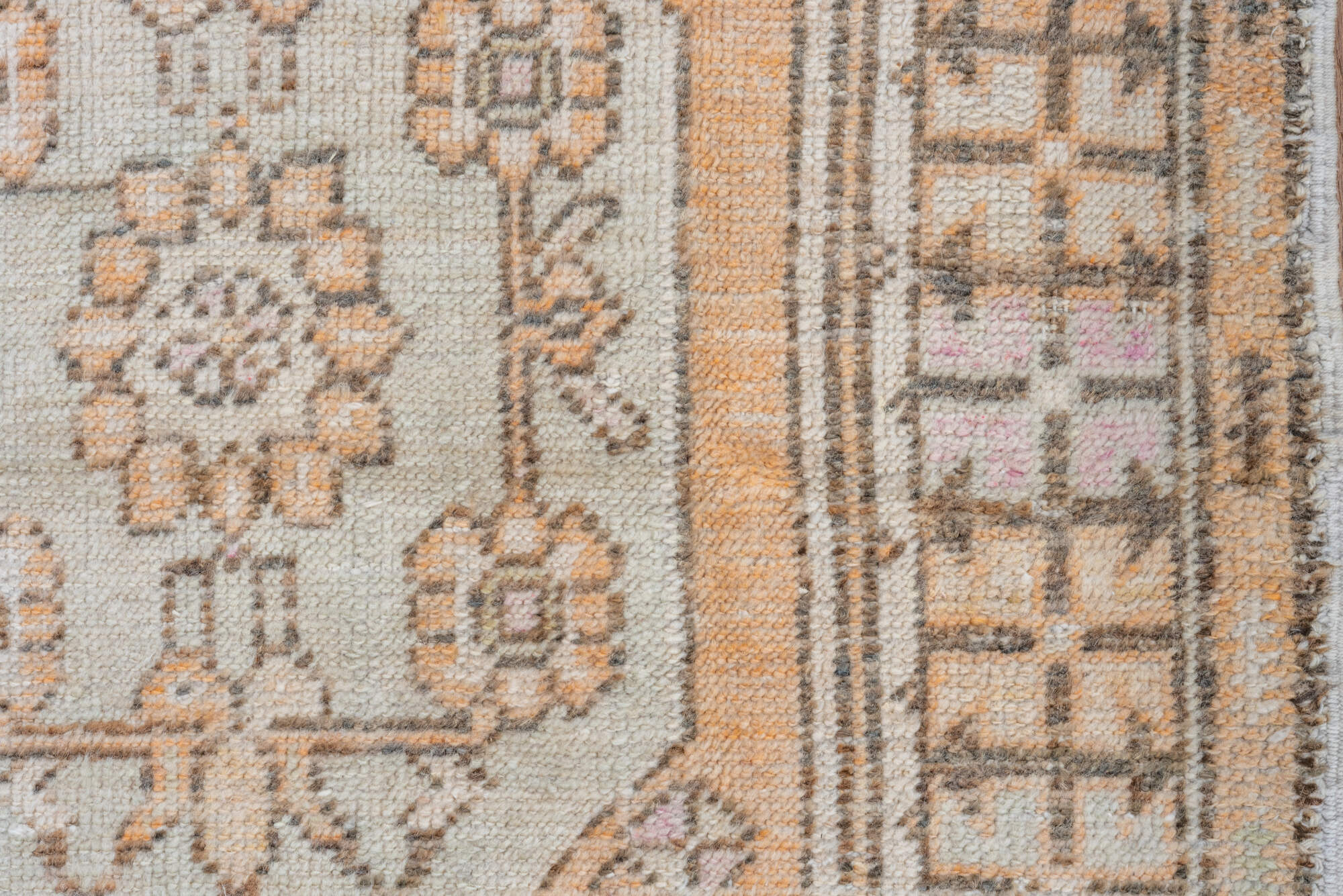 2' x 4' one-of-a-kind handmade vintage Oushak small size rug. Color palette: pink, light gray, off-white, gray, brown