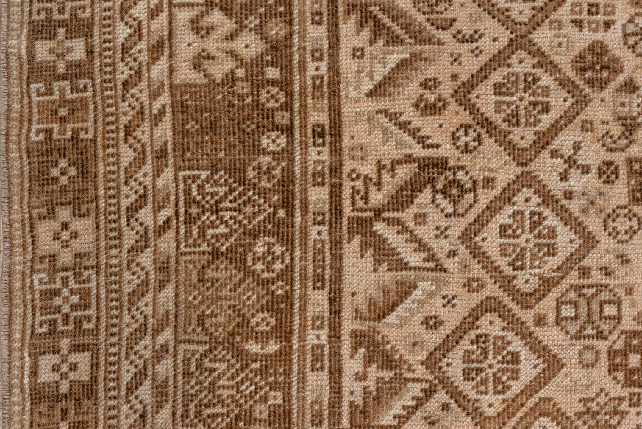 7' x 9' one-of-a-kind handmade vintage Shiraz rug. Color palette: brown, orange, off-white, gray, light gray, tan