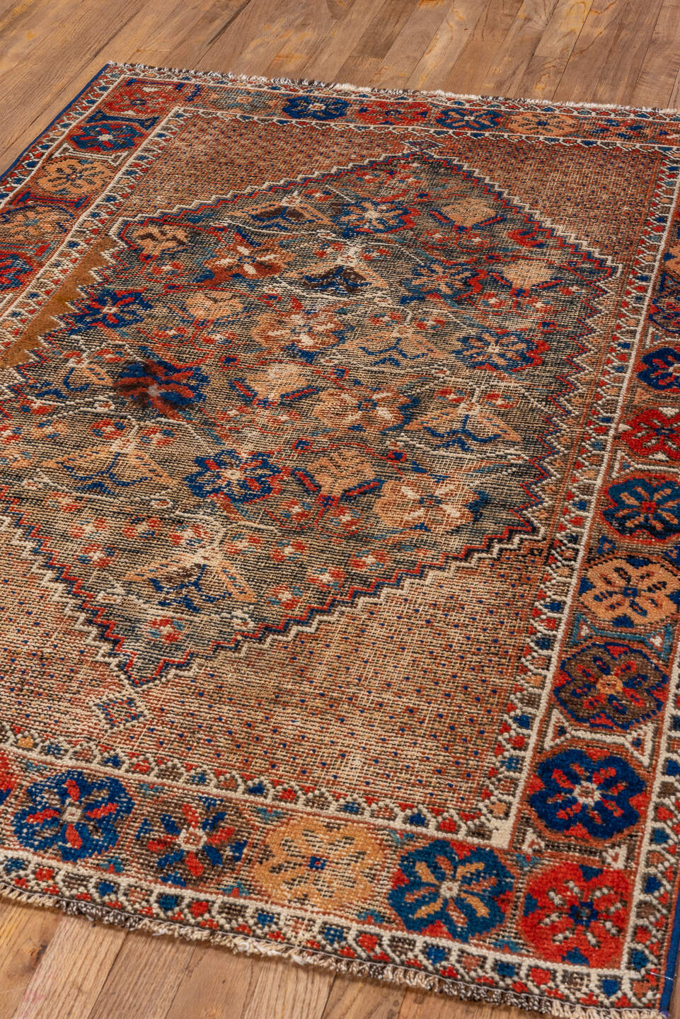 3' x 5' one-of-a-kind handmade vintage Afshar small size rug. Color palette: brown, pink, orange, off-white, blue, gray, red