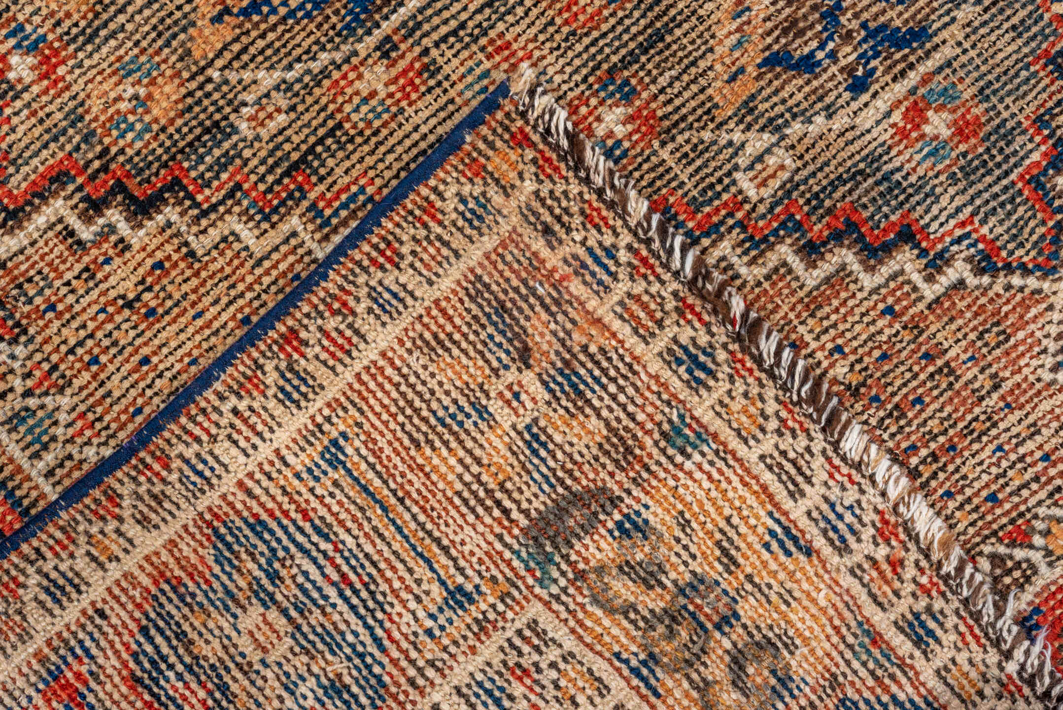 3' x 5' one-of-a-kind handmade vintage Afshar small size rug. Color palette: brown, pink, orange, off-white, blue, gray, red