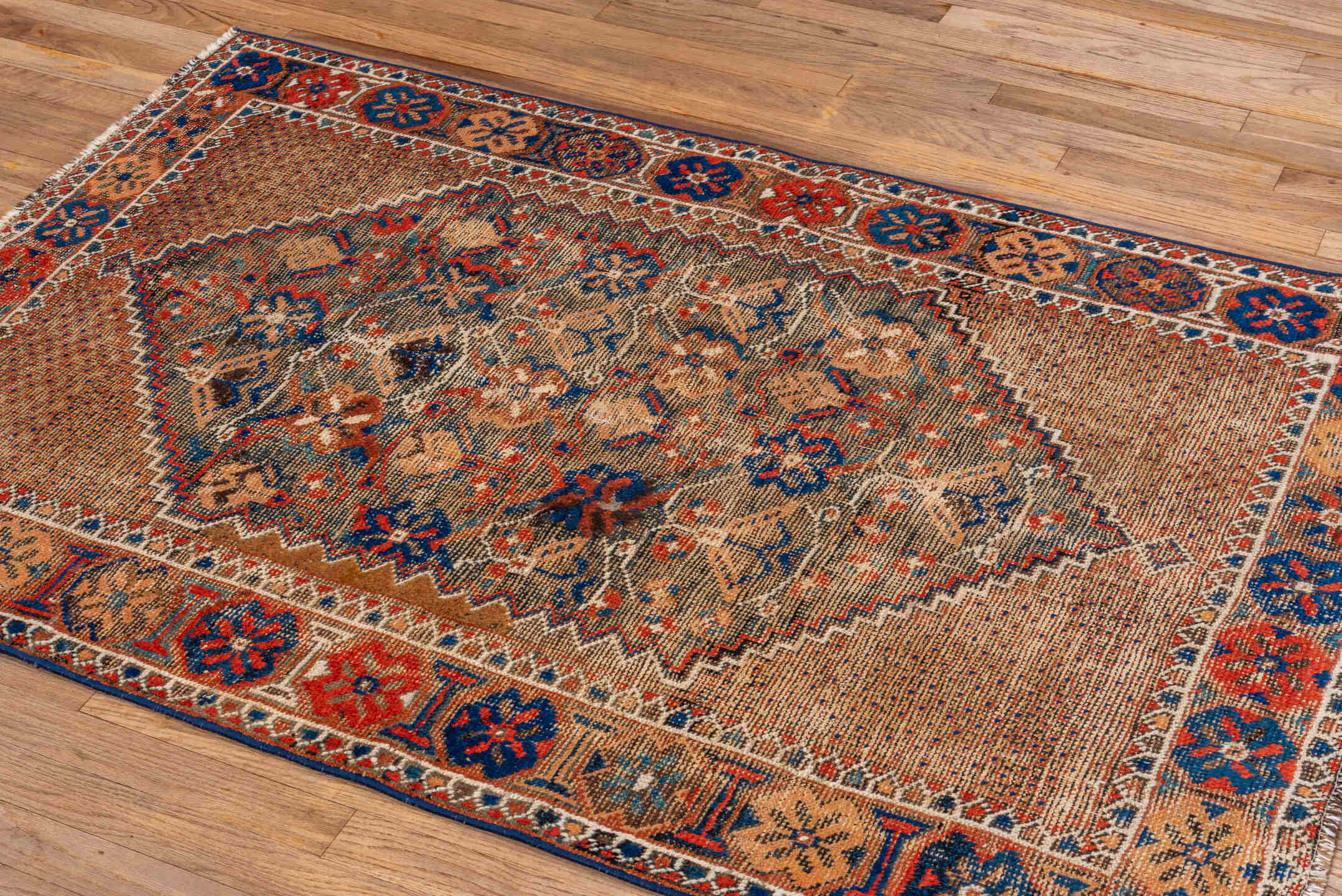 3' x 5' one-of-a-kind handmade vintage Afshar small size rug. Color palette: brown, pink, orange, off-white, blue, gray, red