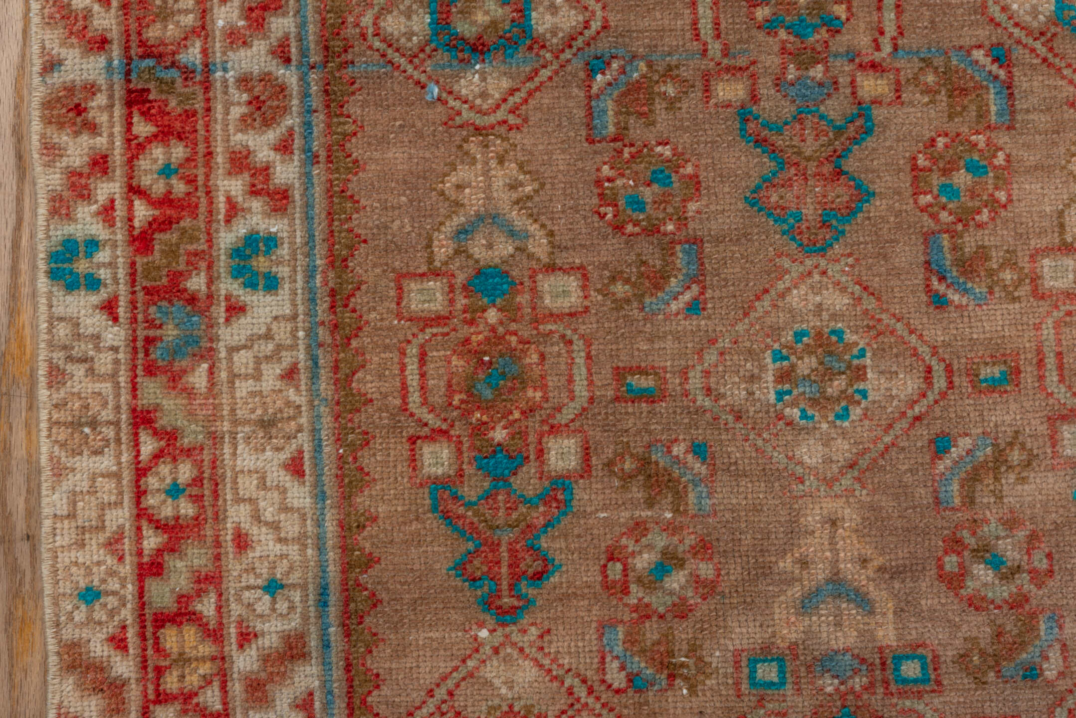 2' x 15' one-of-a-kind handmade vintage Malayer runner rug. Color palette: pink, gray, brown, red, off-white, blue, green