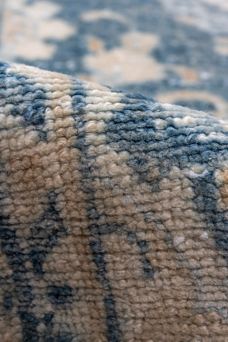 2' x 22' one-of-a-kind handmade vintage Lilian runner rug. Color palette: blue, gray, light gray, off-white, silver