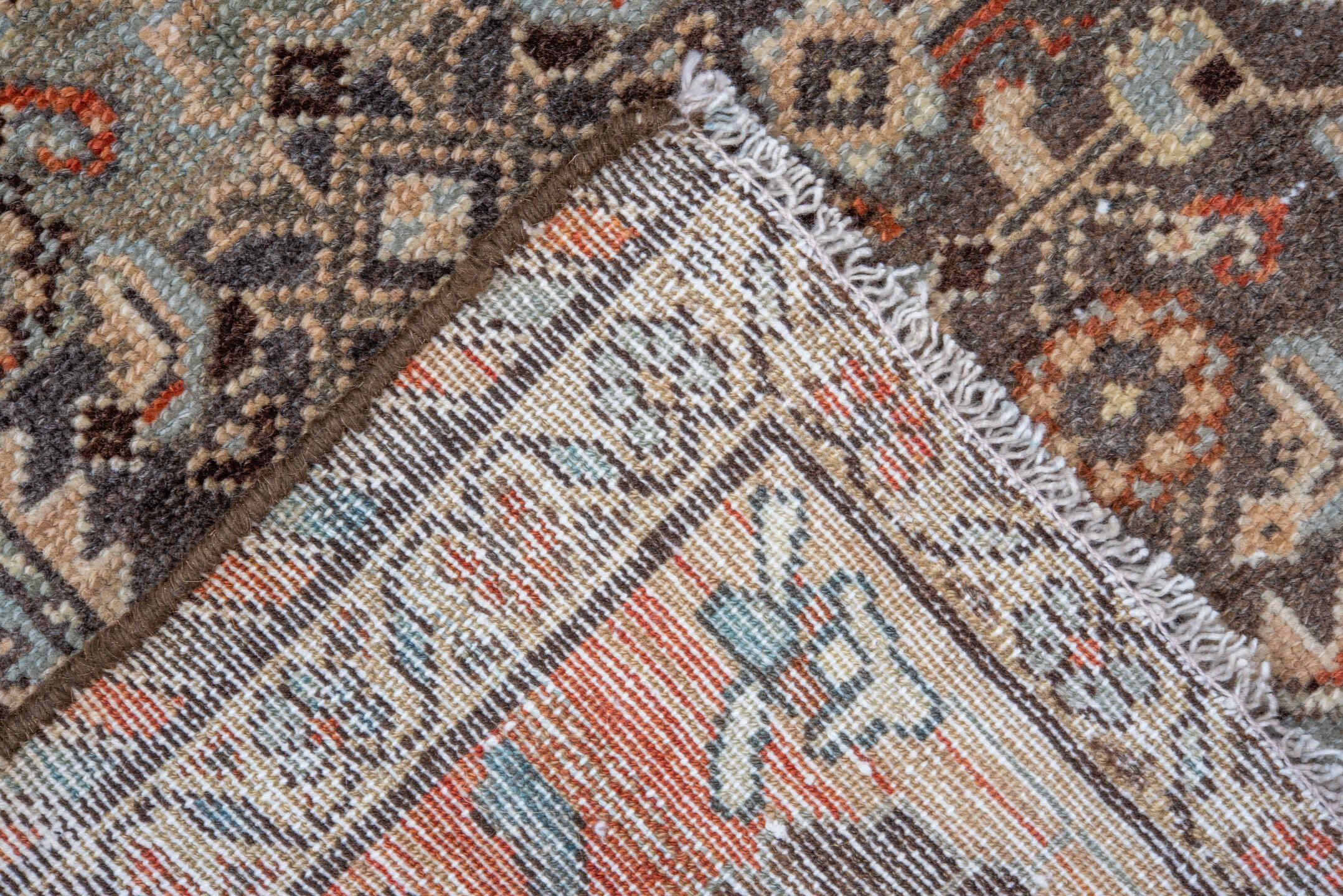 4' x 6' one-of-a-kind handmade vintage Malayer small size rug. Color palette: brown, orange, gray, off-white, blue, green