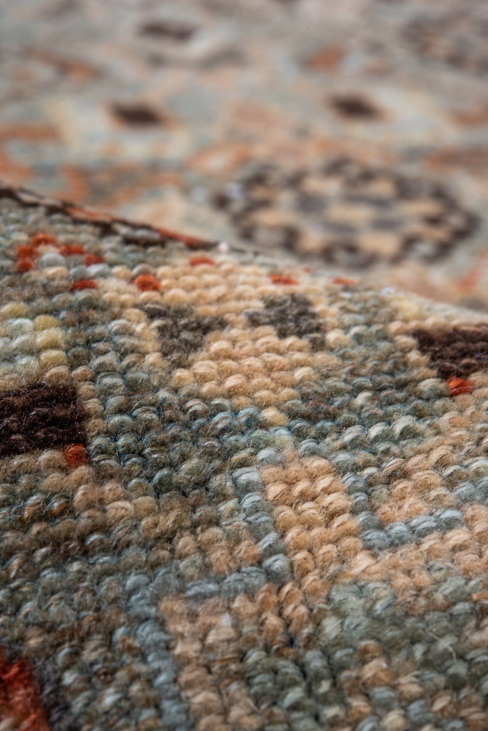 4' x 6' one-of-a-kind handmade vintage Malayer small size rug. Color palette: brown, orange, gray, off-white, blue, green