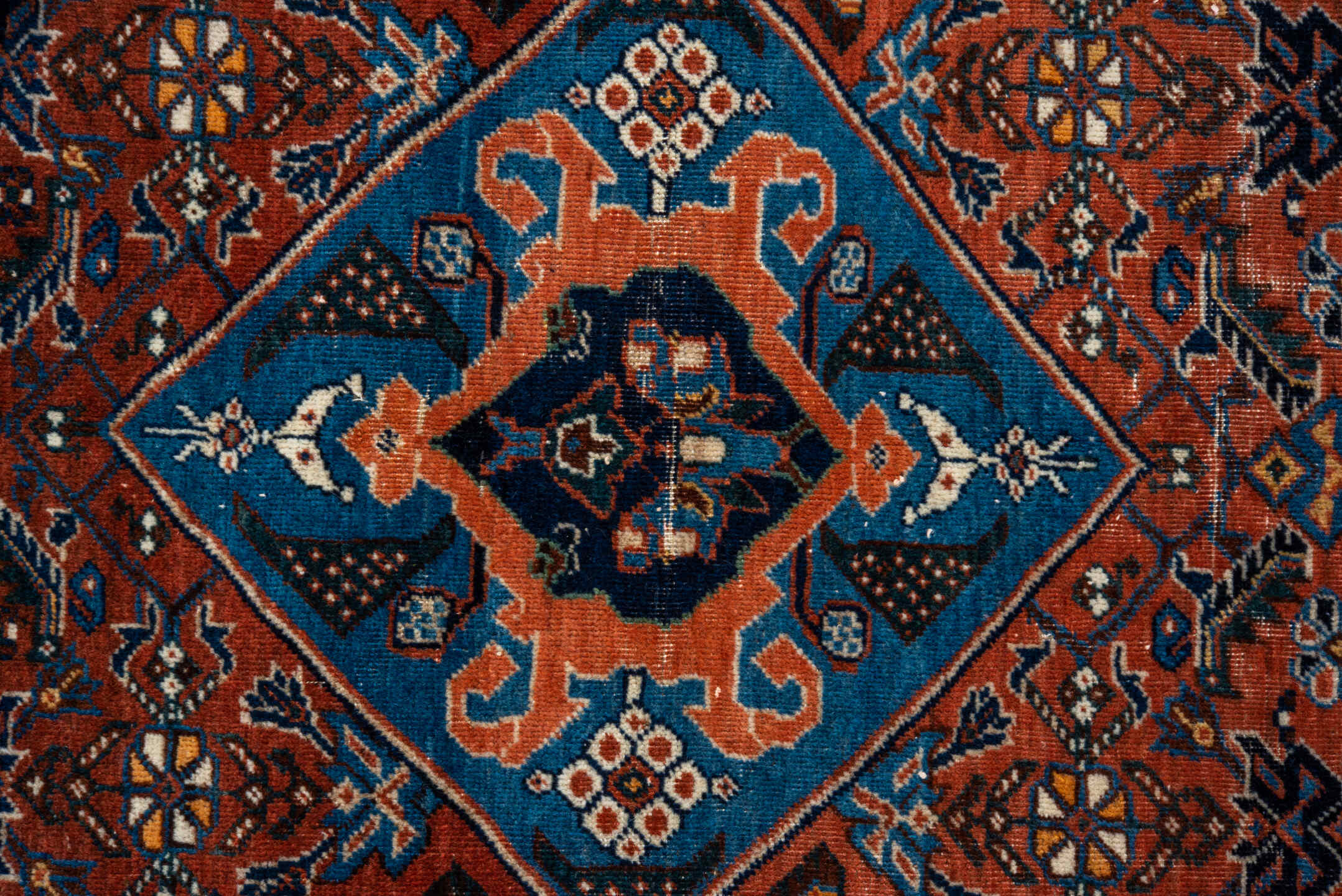 3' x 5' one-of-a-kind handmade vintage Shiraz small size rug. Color palette: brown, red, gray, blue, pink, black, dark gray