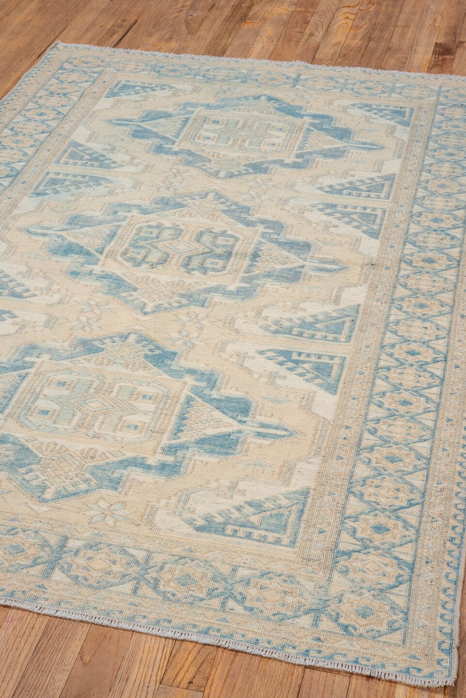 4' x 5' one-of-a-kind handmade vintage Sumak small size rug. Color palette: blue, gray, off-white, light gray, brown