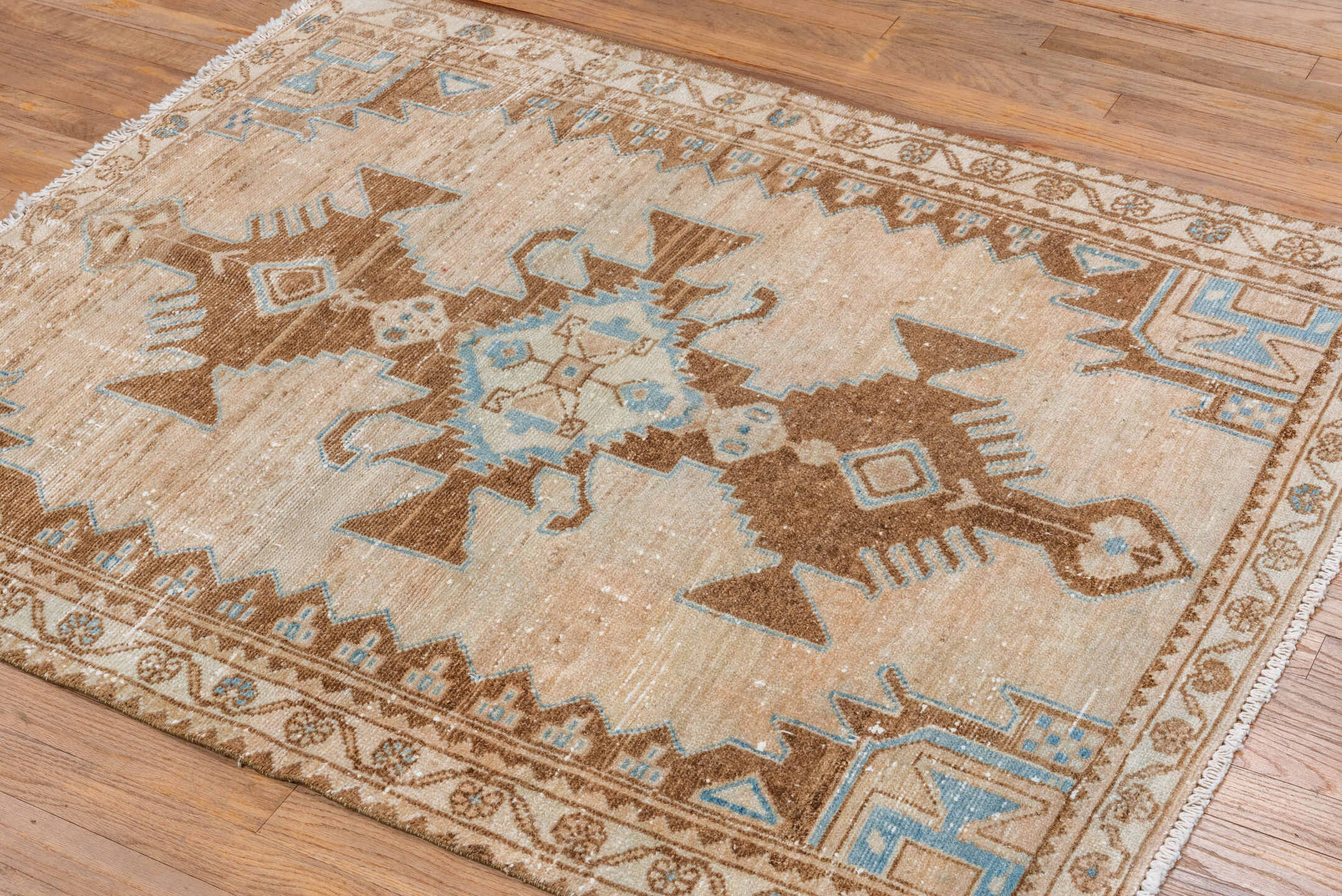 3' x 4' one-of-a-kind handmade vintage Malayer small size rug. Color palette: gray, brown, off-white, light gray, light blue