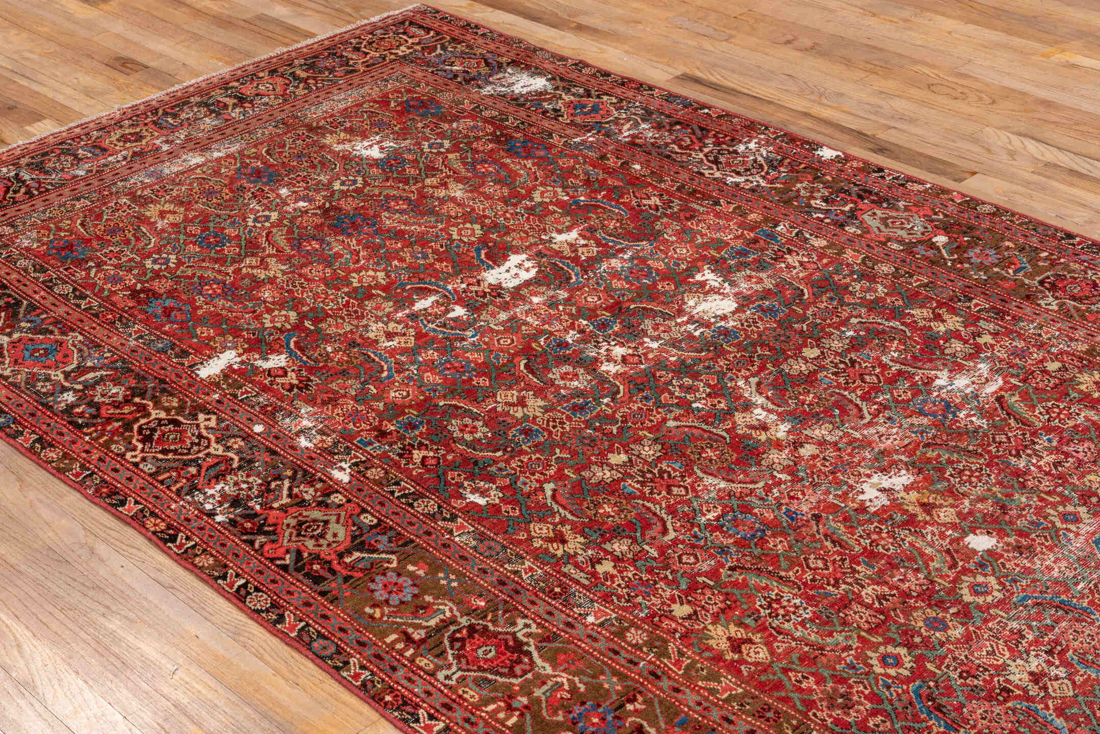 5' x 9' one-of-a-kind handmade vintage Malayer medium size rug. Color palette: pink, brown, gray, red, blue, arapawa