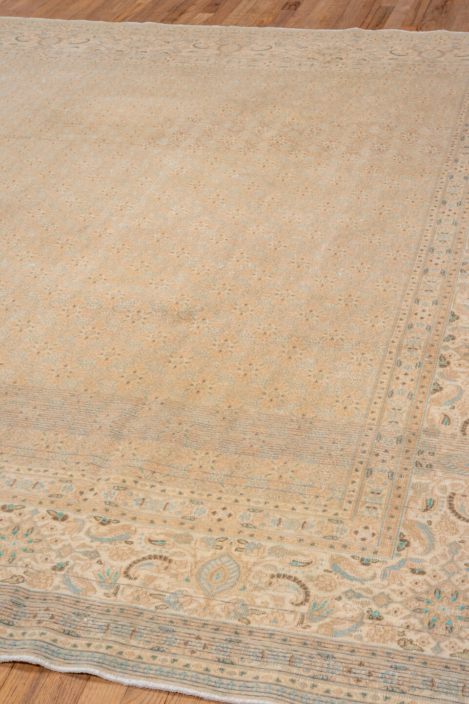 7' x 9' one-of-a-kind handmade vintage Tabriz rug. Color palette: brown, gray, light gray, off-white, orange, tan