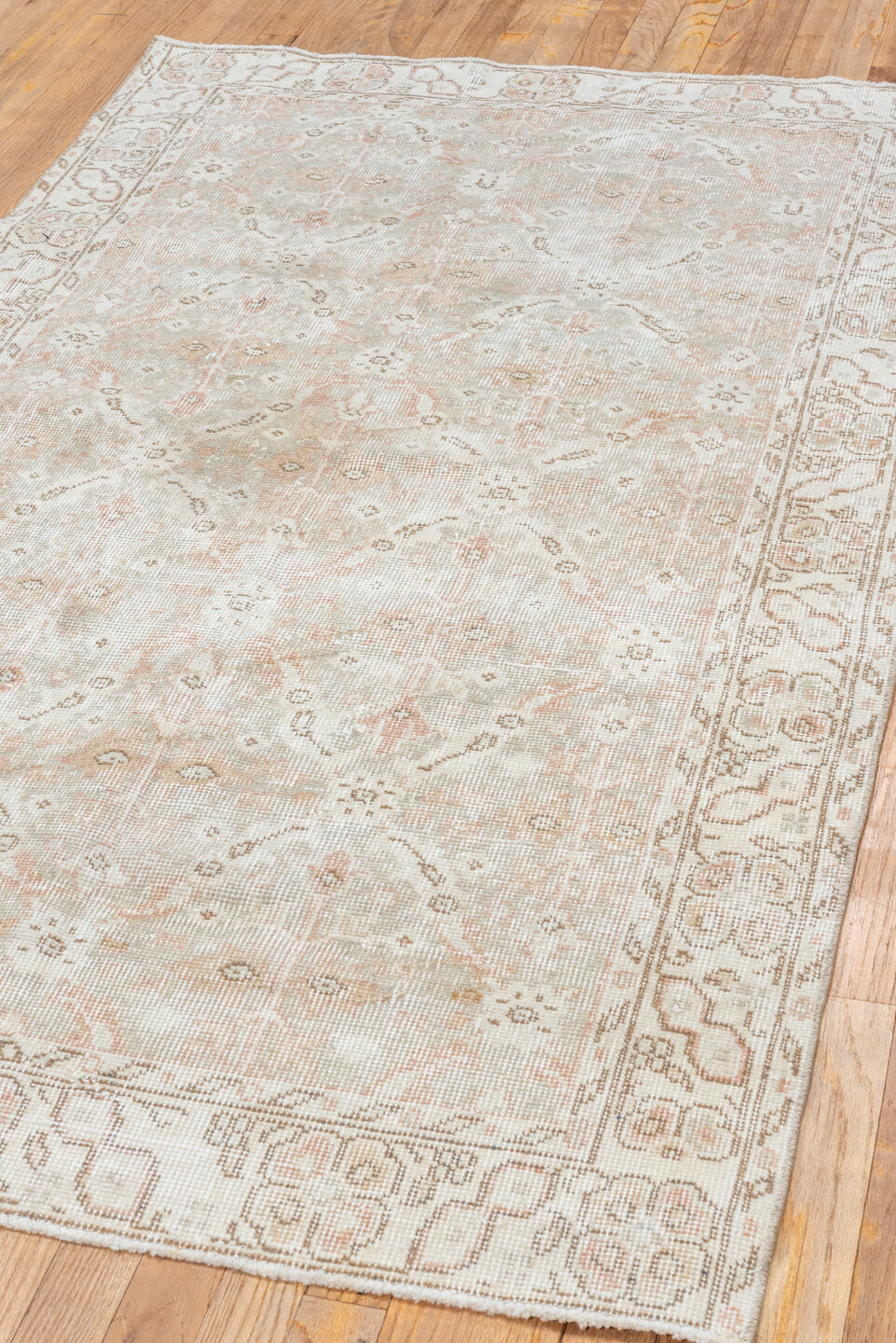 3' x 6' one-of-a-kind handmade vintage Oushak small size rug. Color palette: gray, light gray, off-white, pink, brown