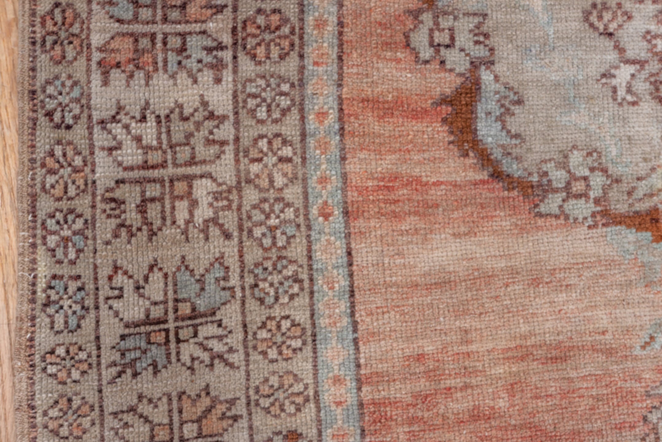 3' x 5' one-of-a-kind handmade vintage Oushak small size rug. Color palette: pink, gray, light gray, off-white, brown