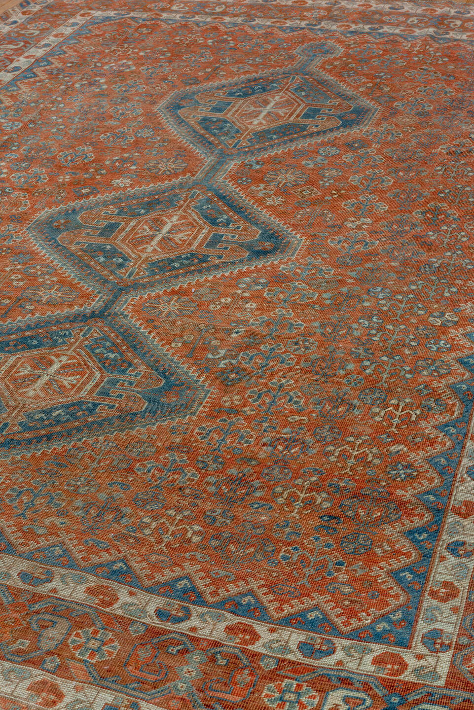 7' x 10' one-of-a-kind handmade vintage Shiraz large size rug. Color palette: pink, gray, light gray, blue, brown, off-white