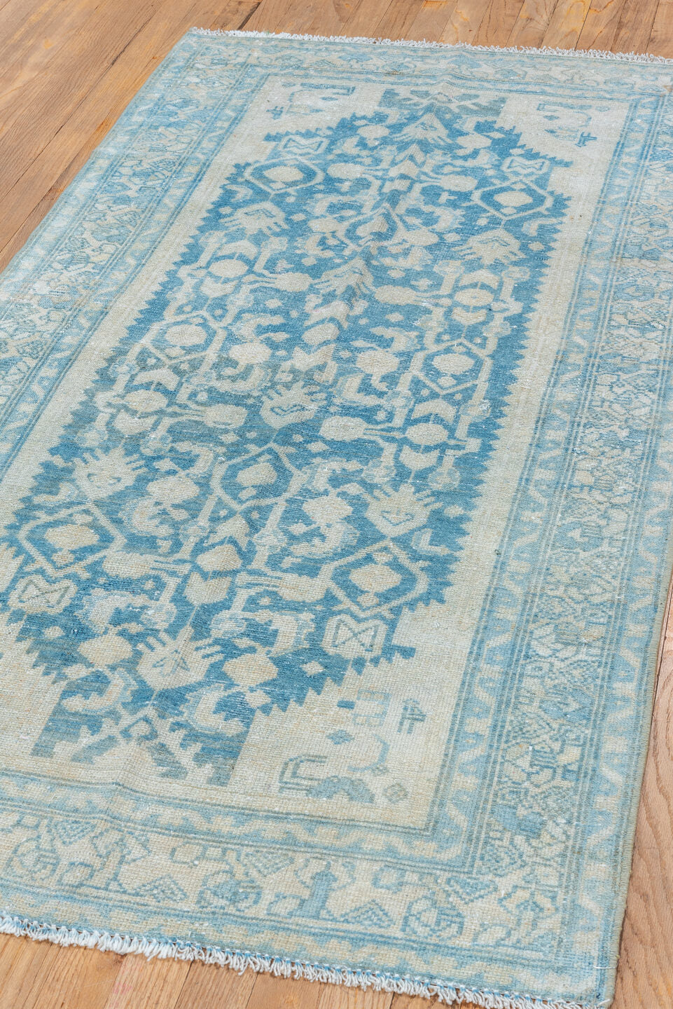 3' x 6' one-of-a-kind handmade vintage Malayer small size rug. Color palette: gray, light gray, off-white, blue, light blue