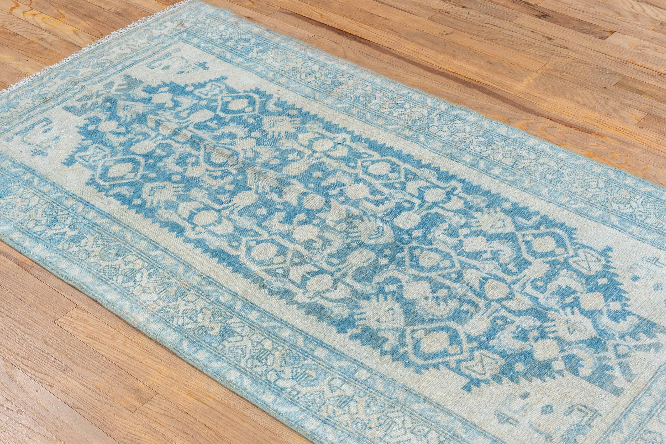 3' x 6' one-of-a-kind handmade vintage Malayer small size rug. Color palette: gray, light gray, off-white, blue, light blue