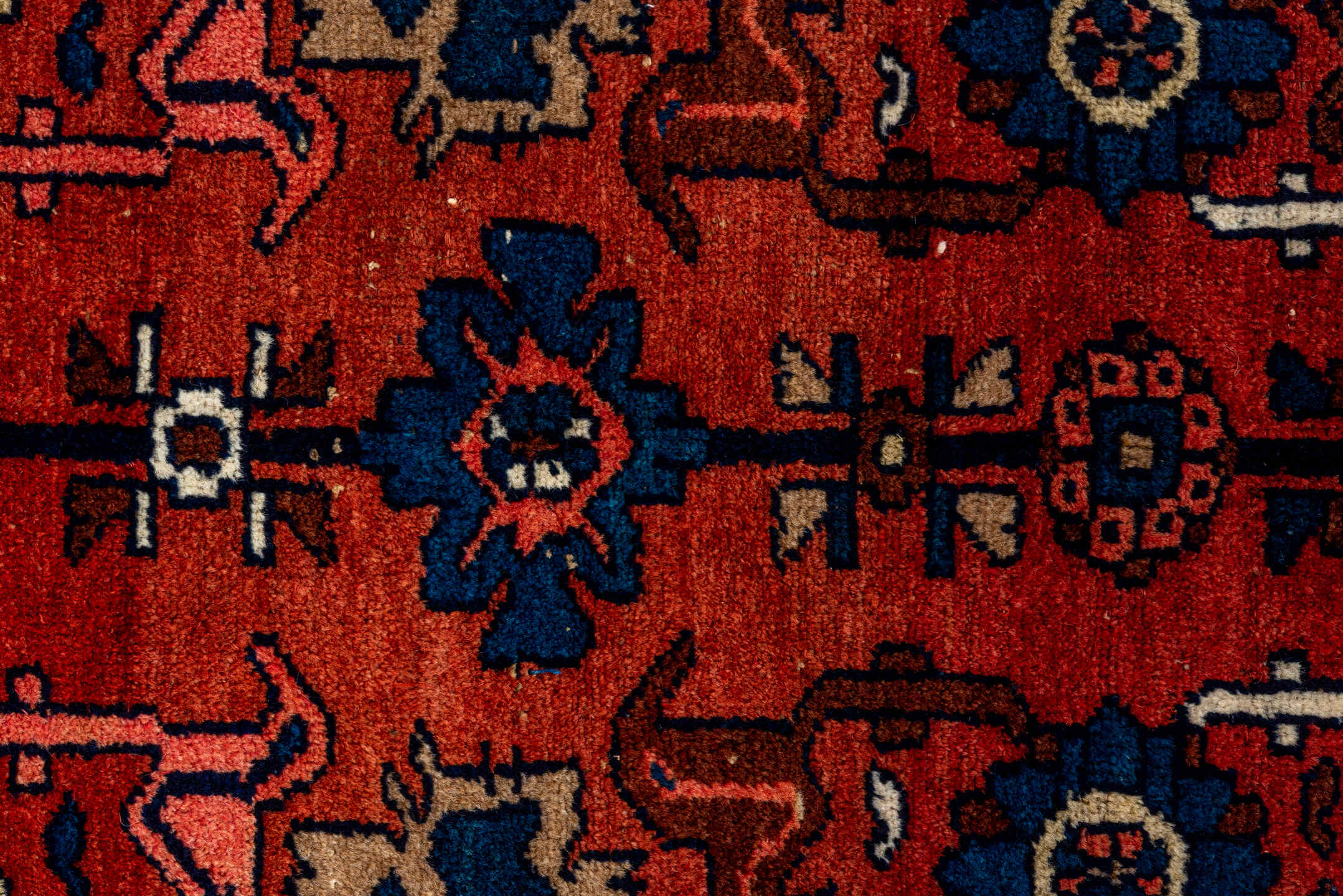 3' x 9' one-of-a-kind handmade vintage Malayer runner rug. Color palette: red, brown, gray, pink, black, orange, off-white