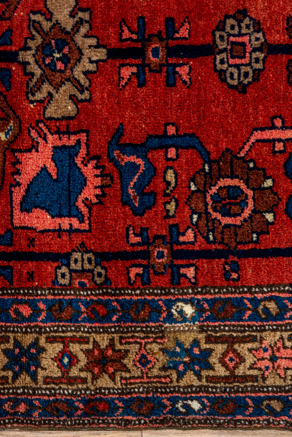 3' x 9' one-of-a-kind handmade vintage Malayer runner rug. Color palette: red, brown, gray, pink, black, orange, off-white